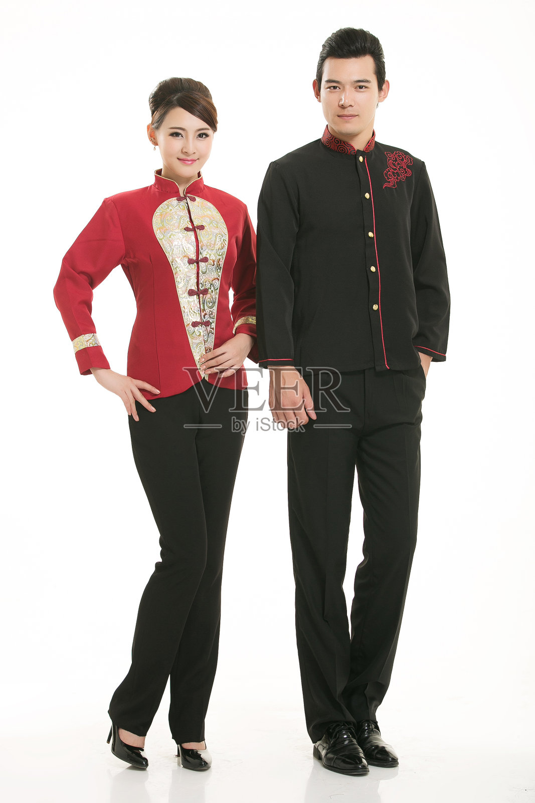 穿着服装职业中国服务员在白色的背景照片摄影图片