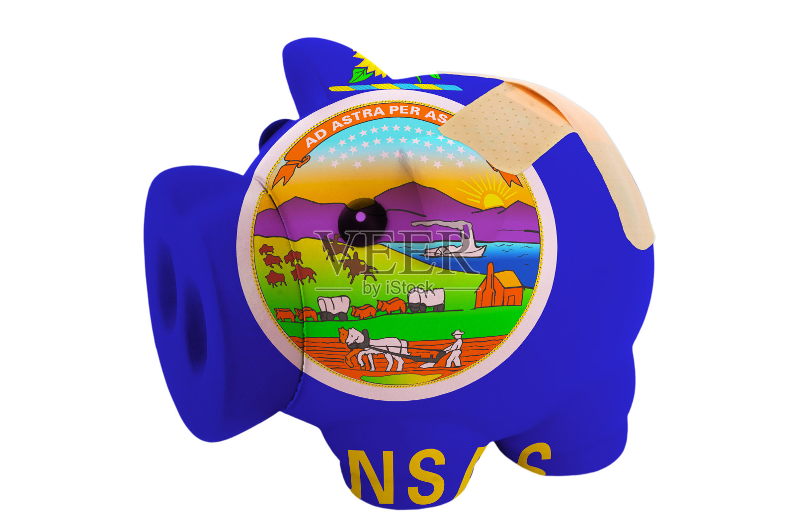 带着堪萨斯州颜色的绷带的封闭的存钱罐照片摄影图片