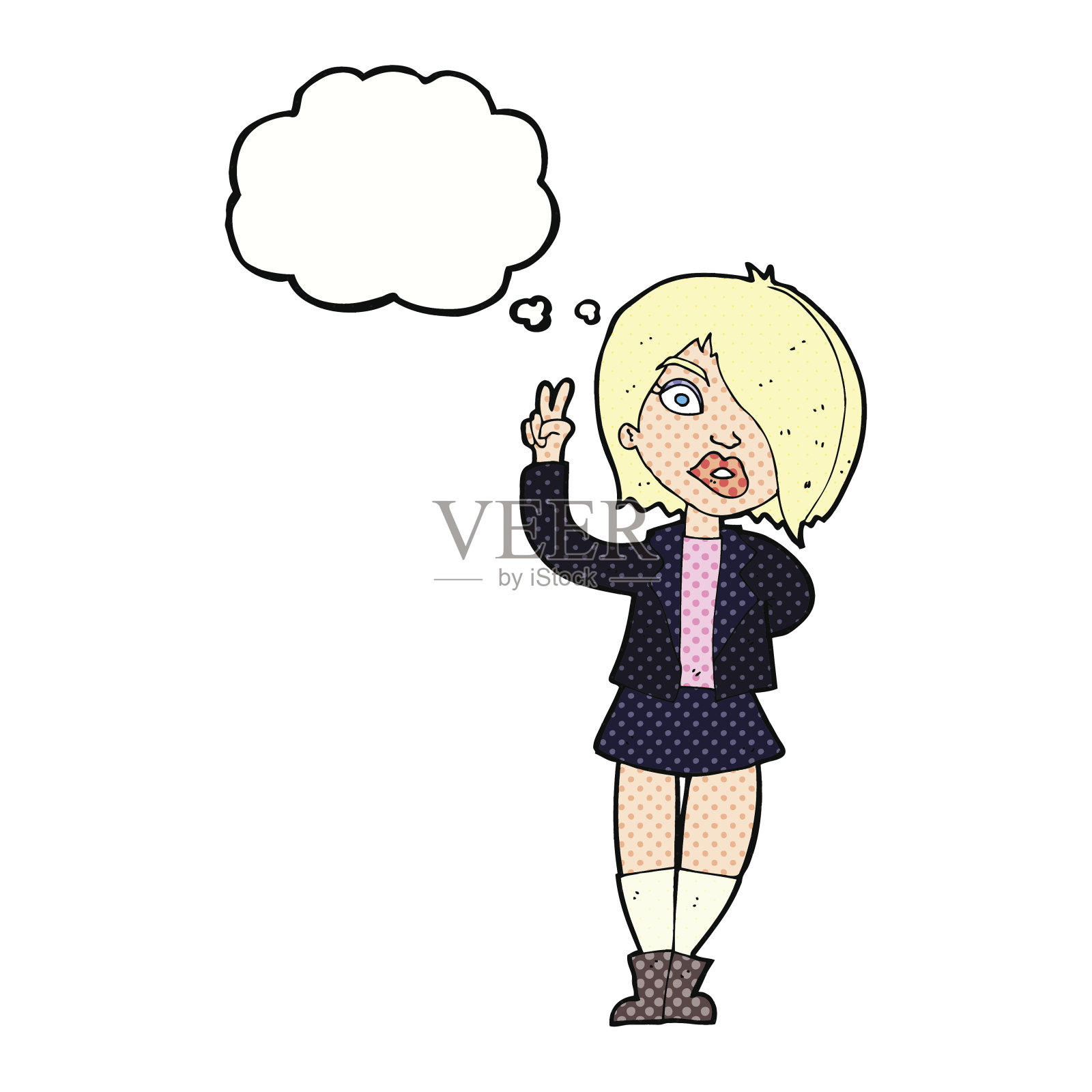 卡通酷女孩用思想泡泡给和平手势插画图片素材