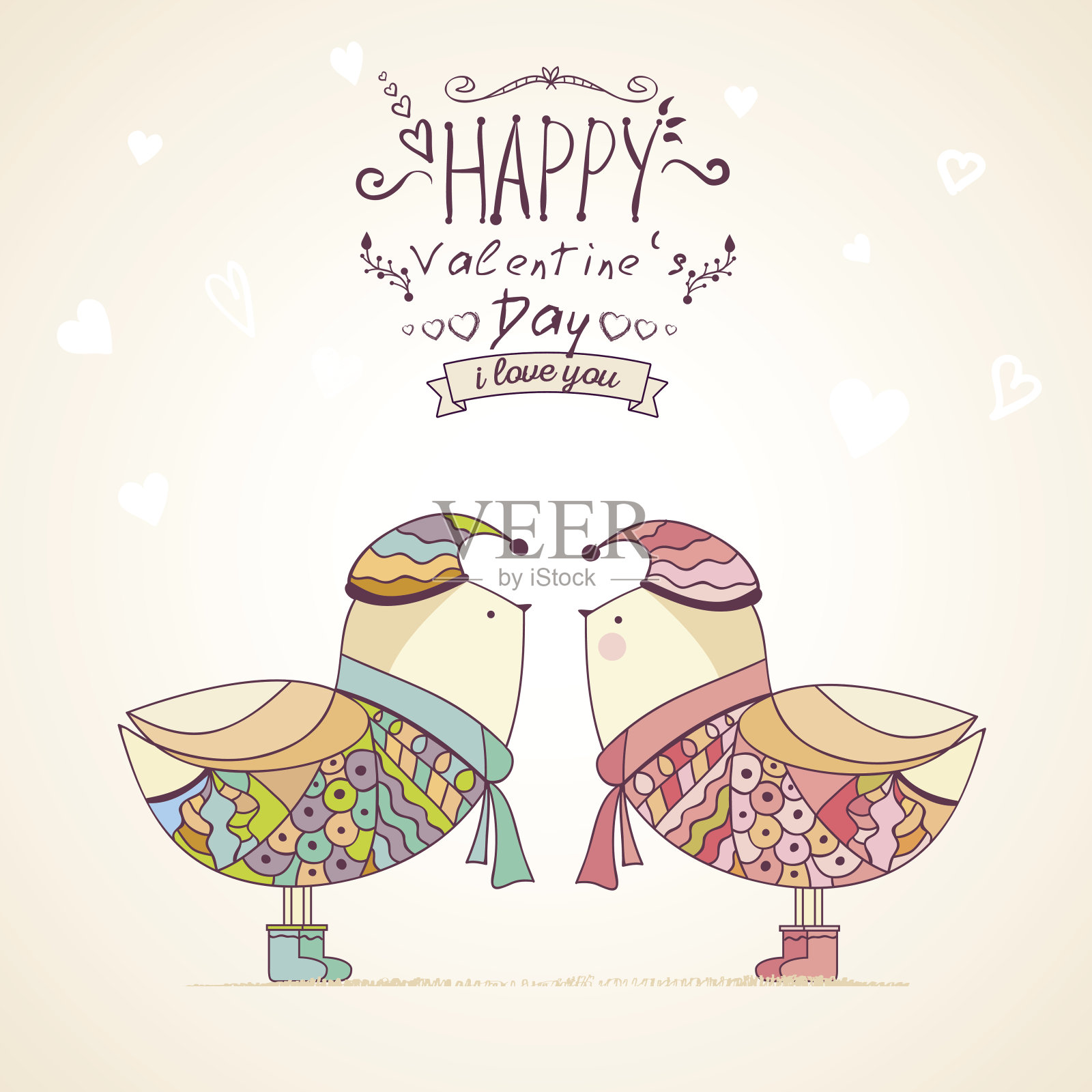 手绘的蓝色和粉红色的鸟设计模板素材