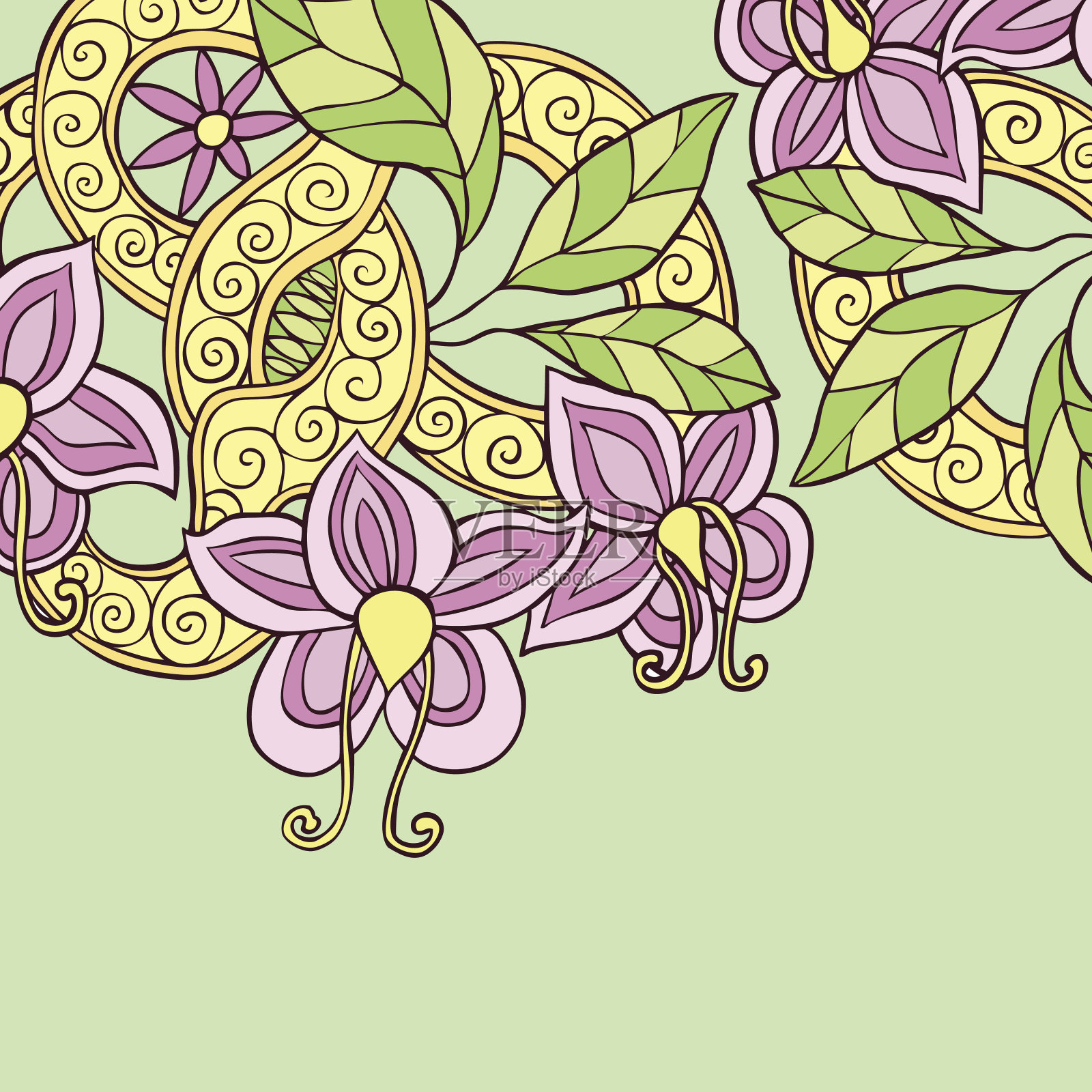 背景与手绘彩色涂鸦花，叶和丝带插画图片素材