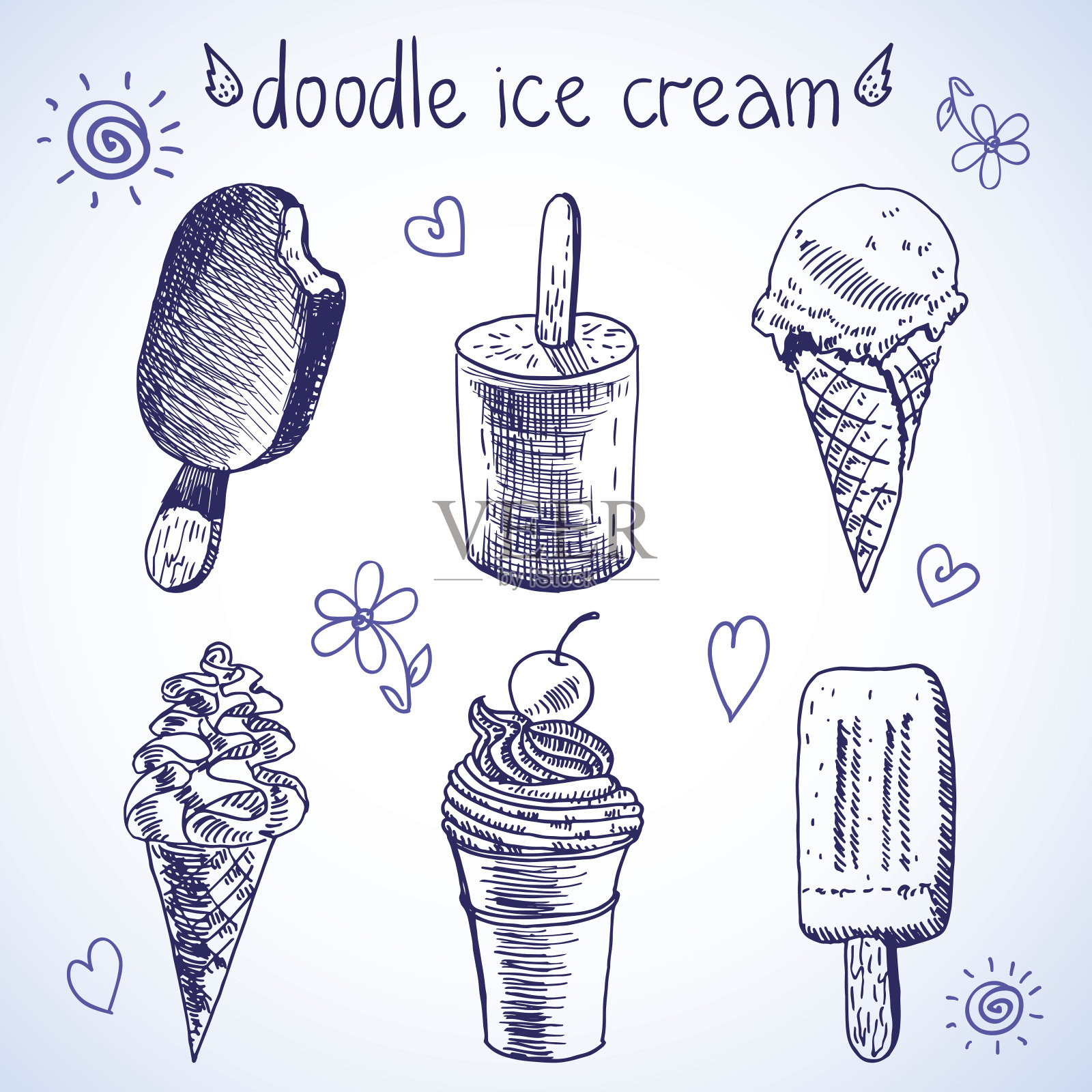 涂鸦冰淇淋速冻甜点风格素描设计元素图片