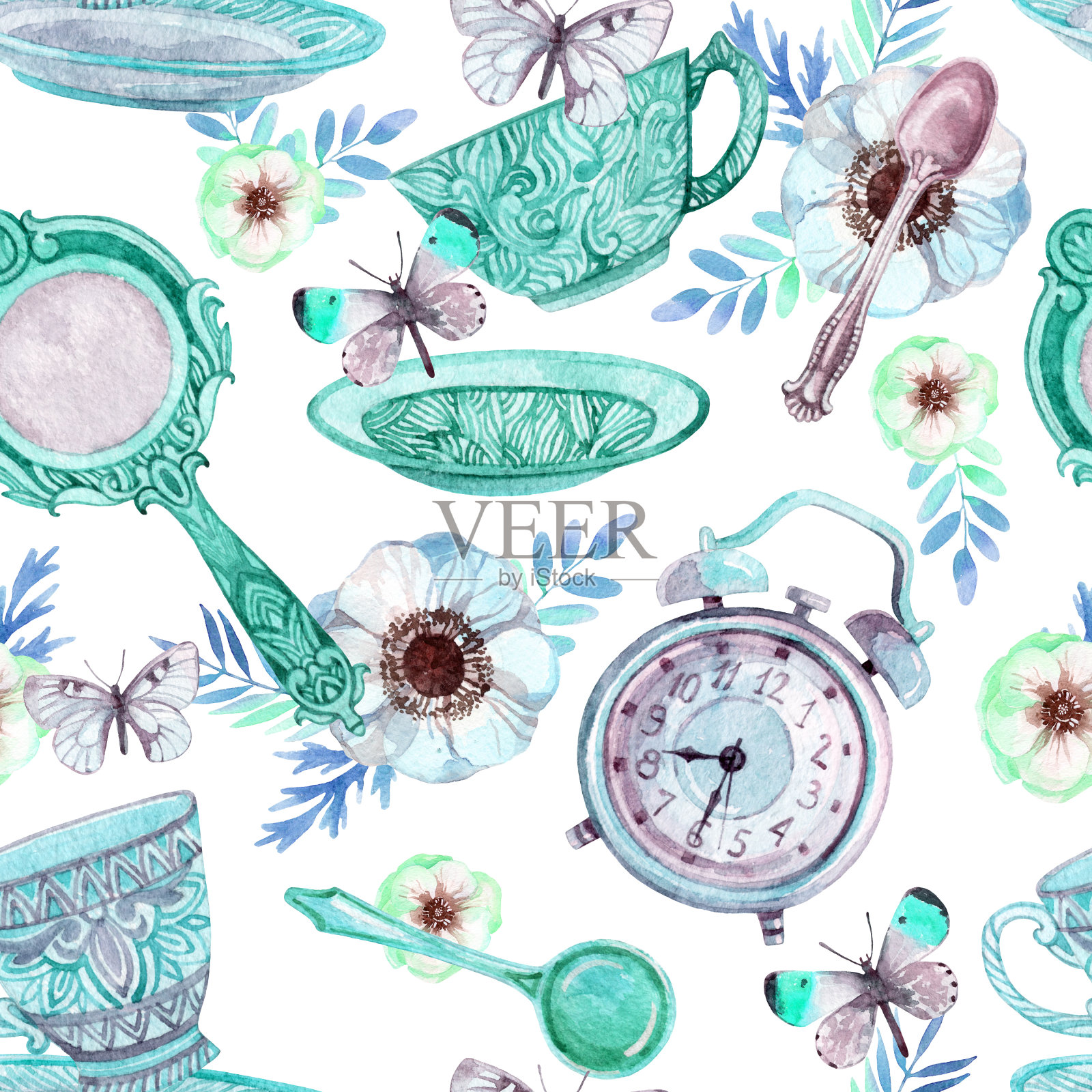 水彩茶无缝图案插画图片素材