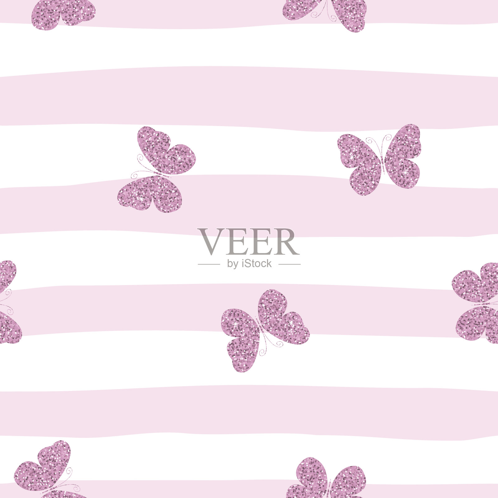 紫粉色的蝴蝶在条纹的背景上闪闪发光。可爱的无缝图案的女孩。插画图片素材
