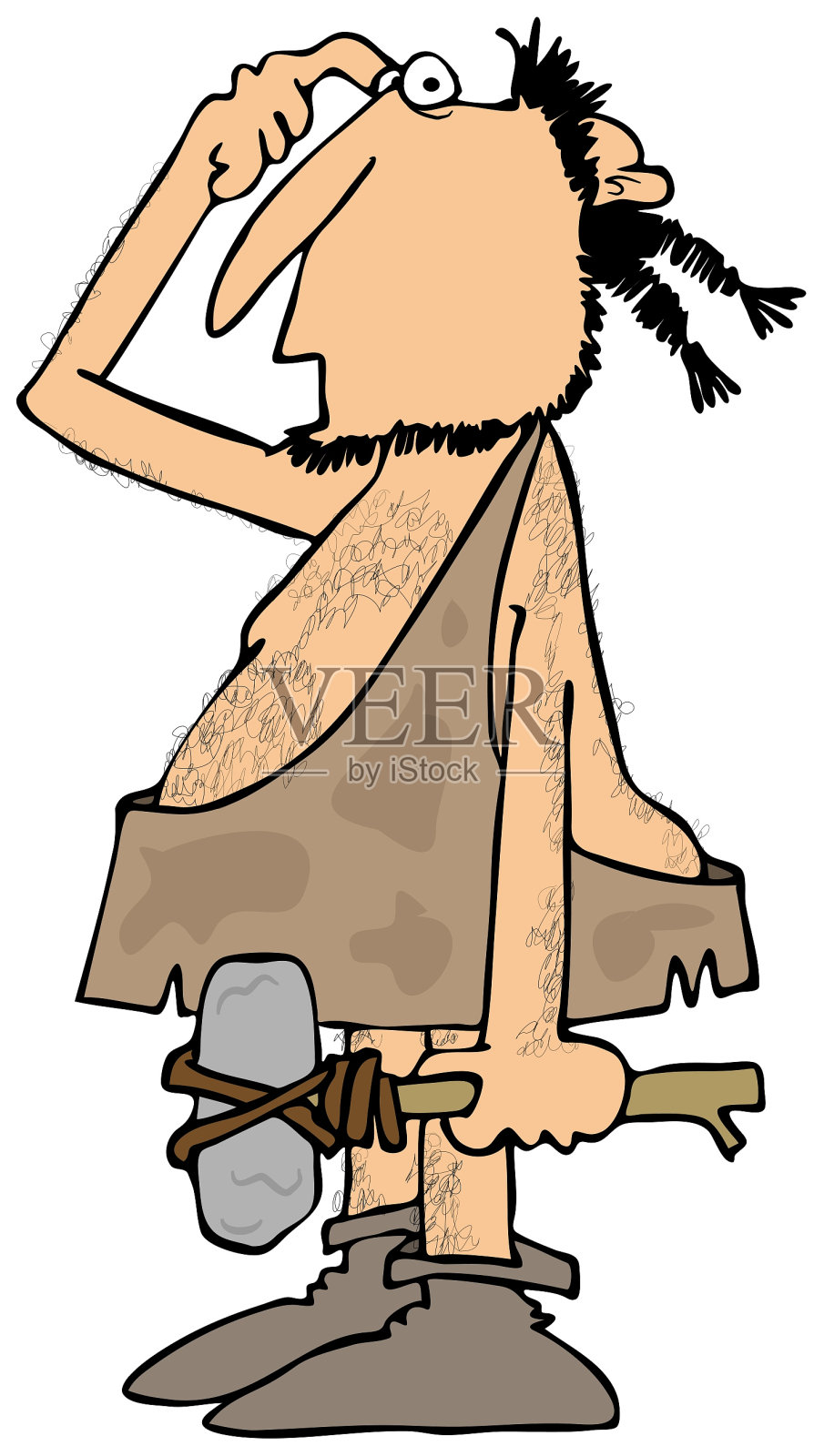 困惑的穴居人拿着石锤插画图片素材