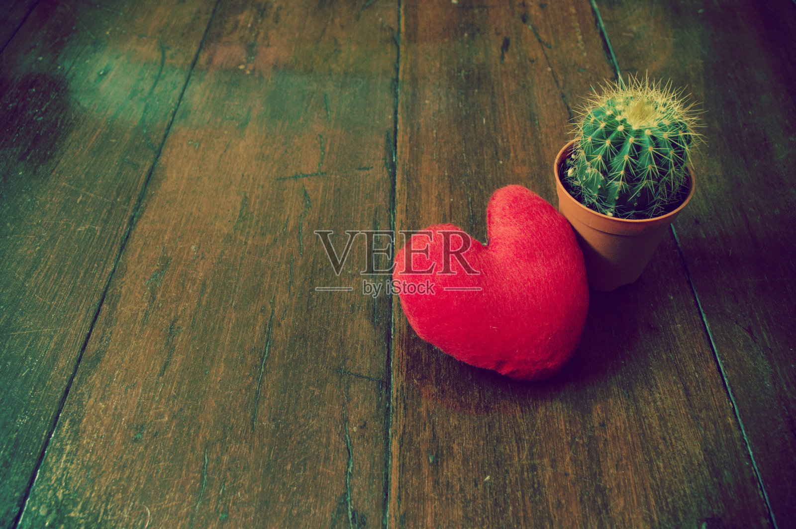 木制背景上的心和仙人掌照片摄影图片