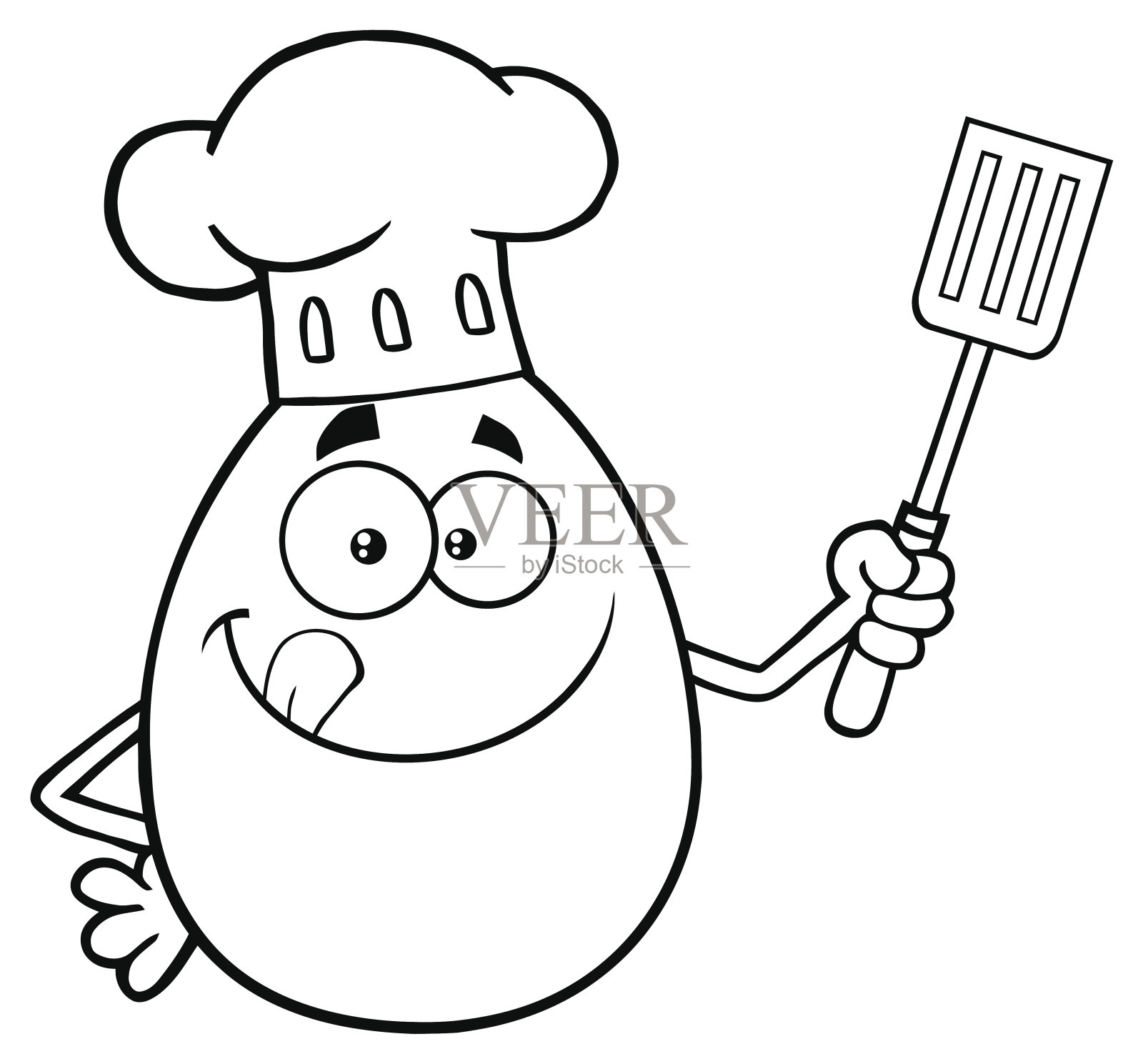 黑白厨师蛋卡通吉祥物舔他的嘴唇和拿着抹刀设计元素图片