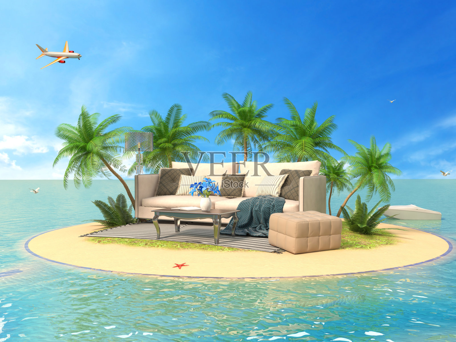 假期的概念。在岛上的软家具上休息。三维演示照片摄影图片