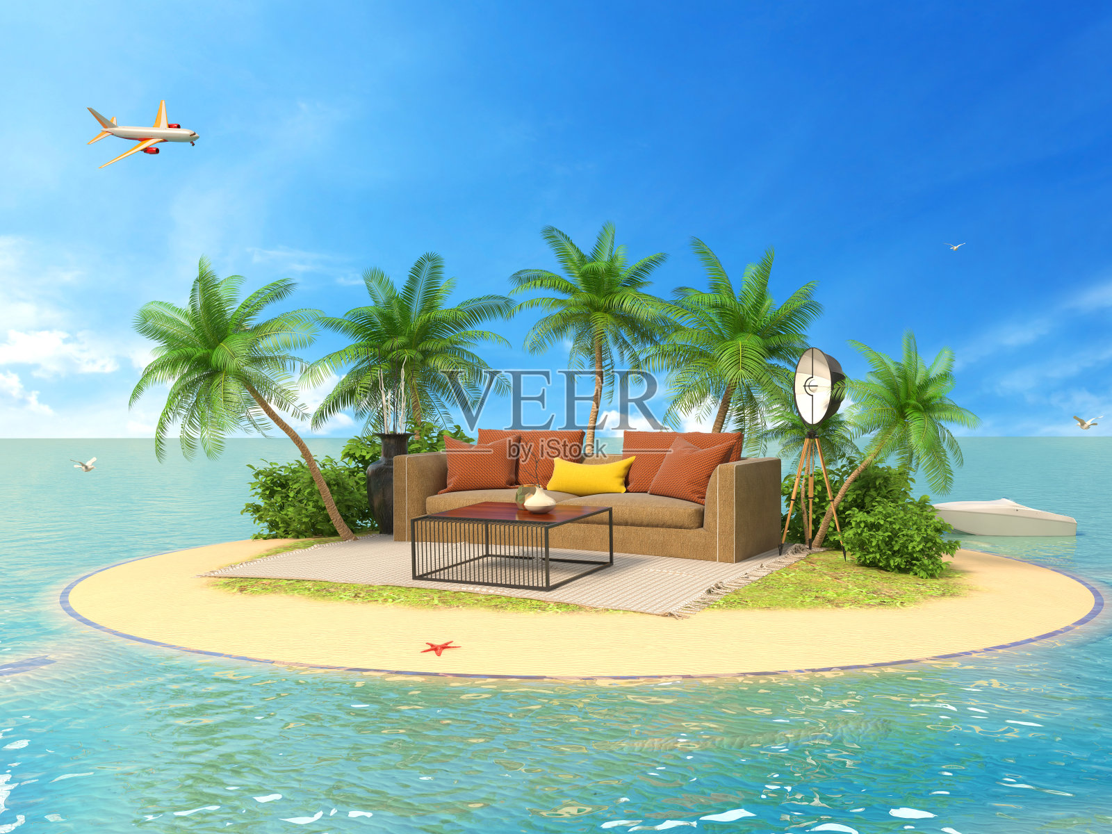 假期的概念。在岛上的软家具上休息。三维演示照片摄影图片