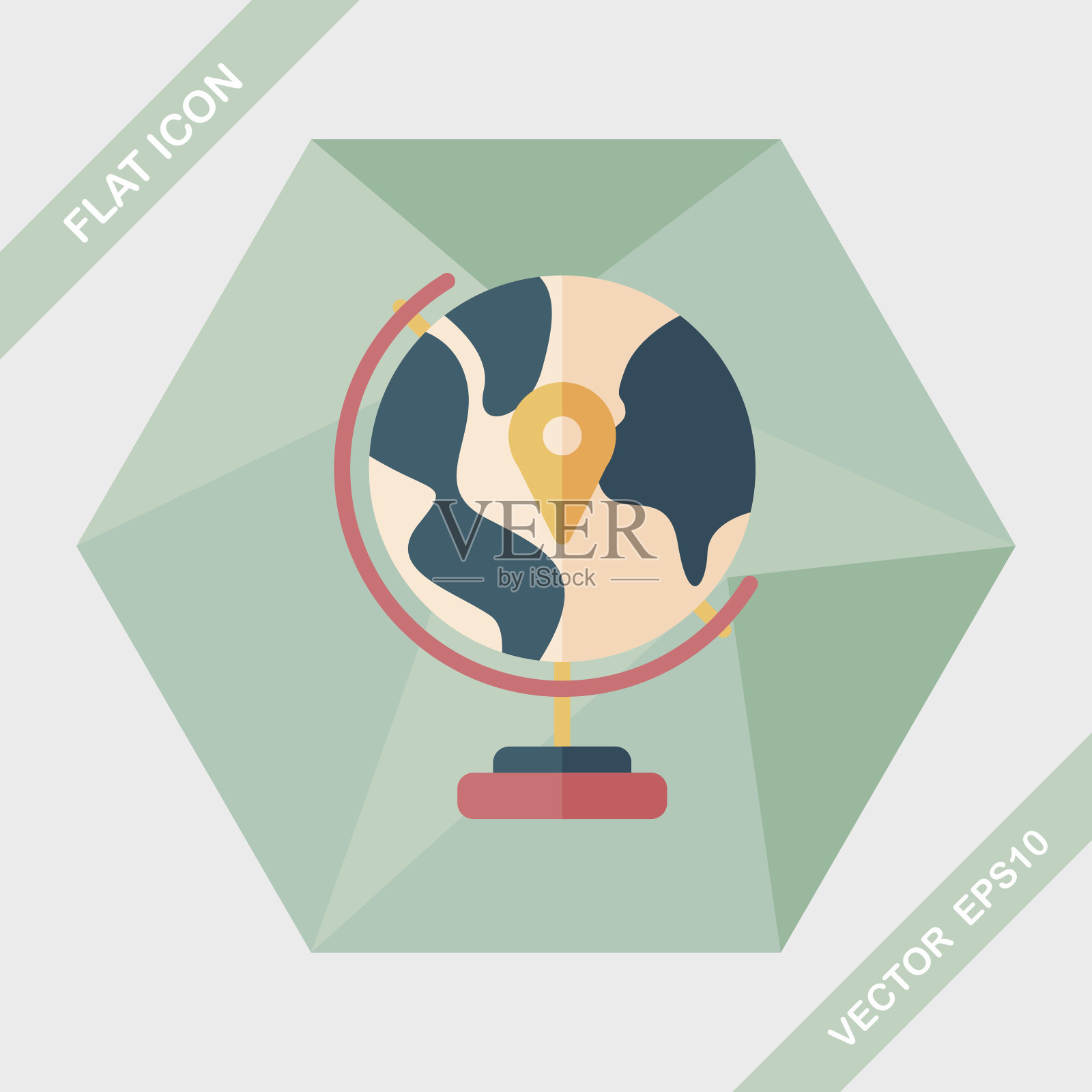 地球仪图标，平面图标与长影子插画图片素材