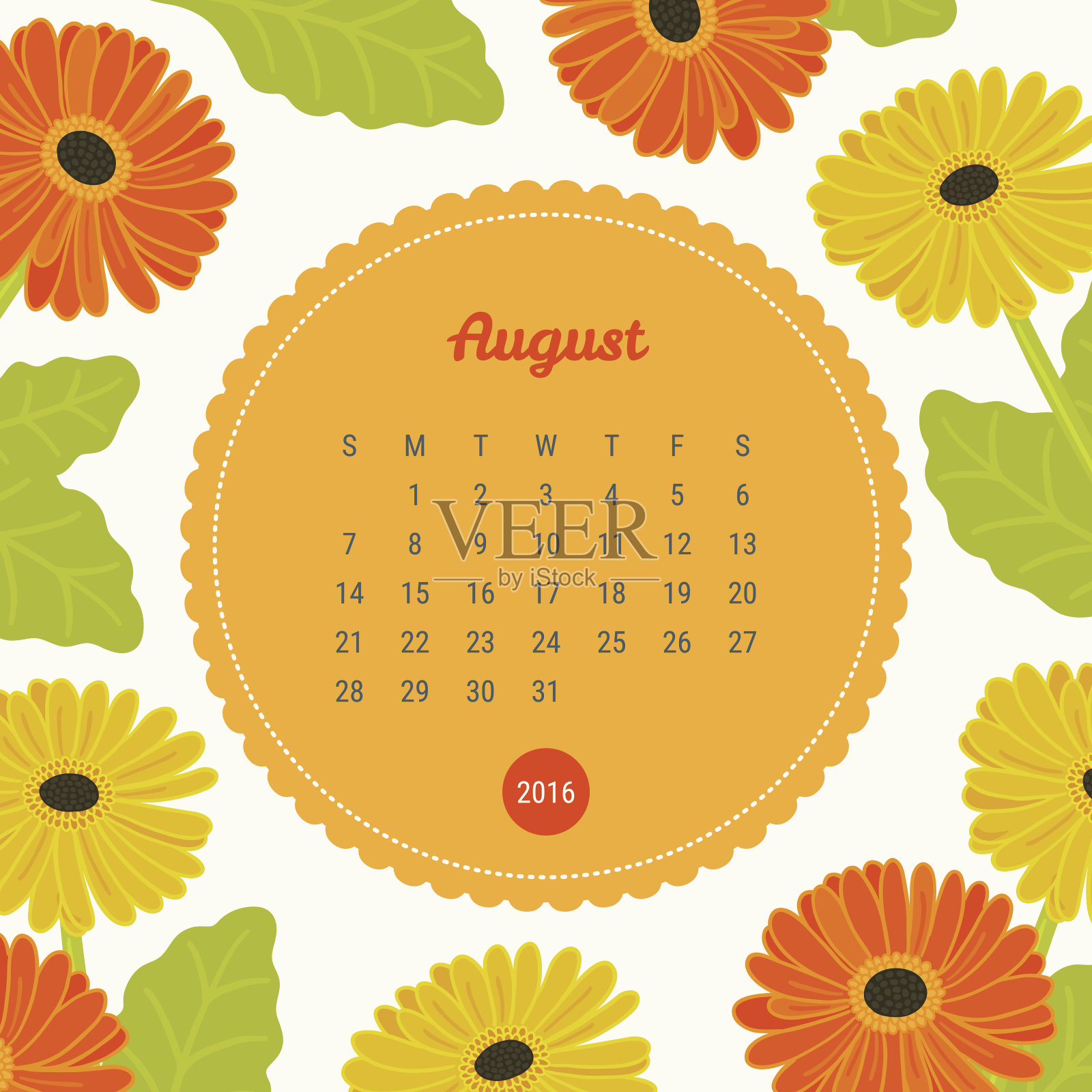 日历模板2016与花卉背景。戈贝尔的花。8月设计模板素材