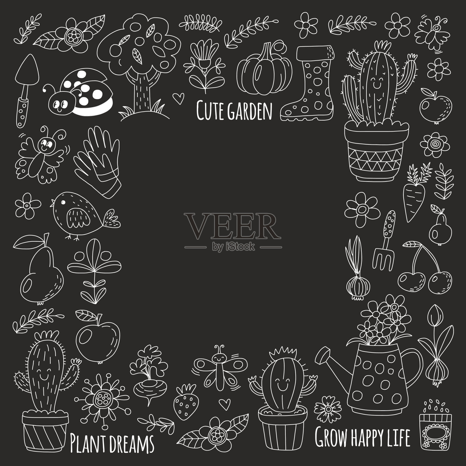 可爱的向量花园与鸟类，仙人掌，植物，水果，浆果，园艺工具，橡胶靴花园市场格局在涂鸦风格孤立在黑板上插画图片素材