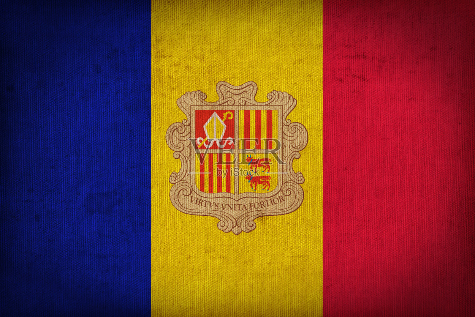 安道尔国旗图案上的织物纹理，复古复古的风格照片摄影图片