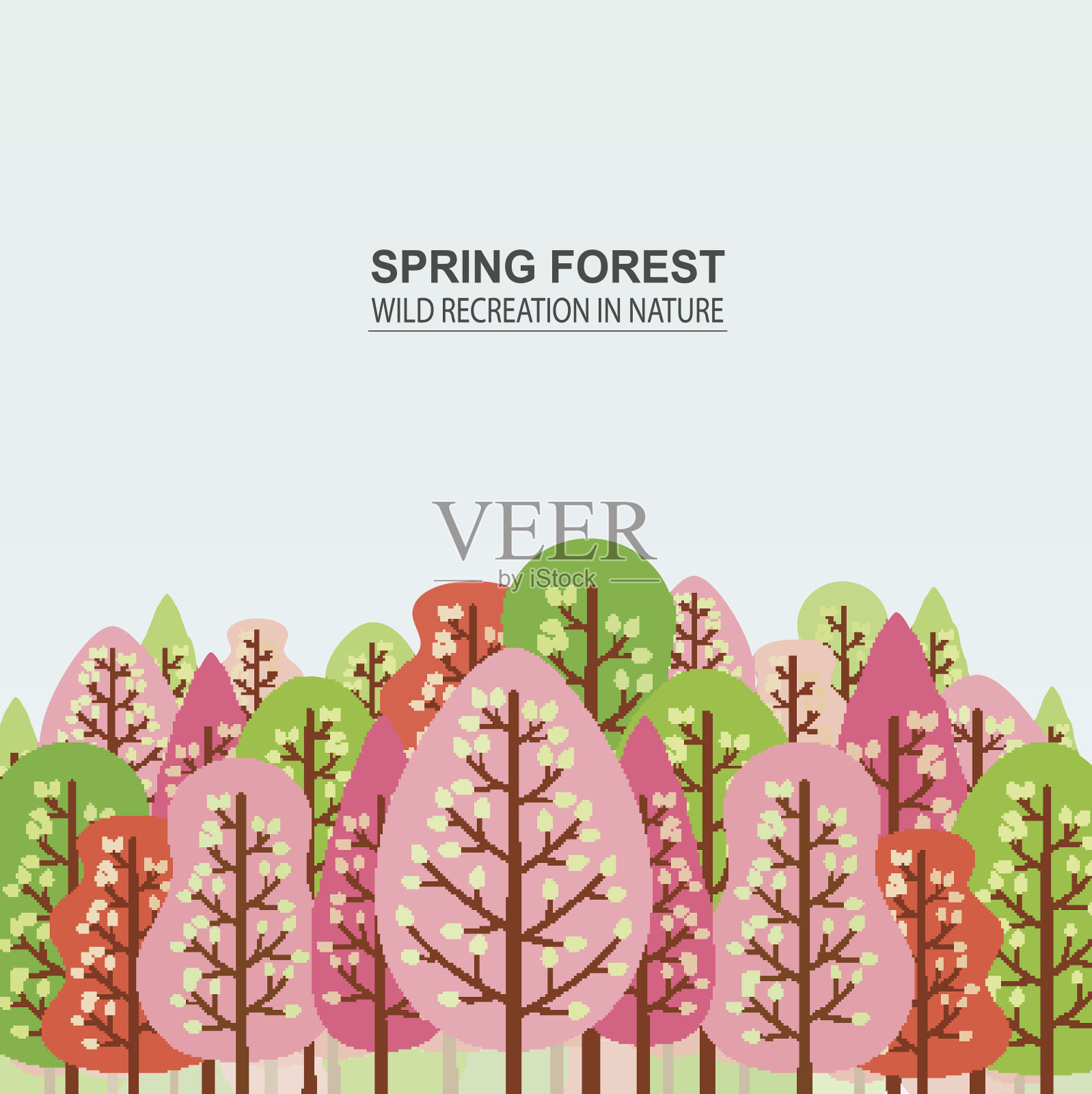 春天的森林里有粉红色、红色和绿色的树木。野营插画图片素材