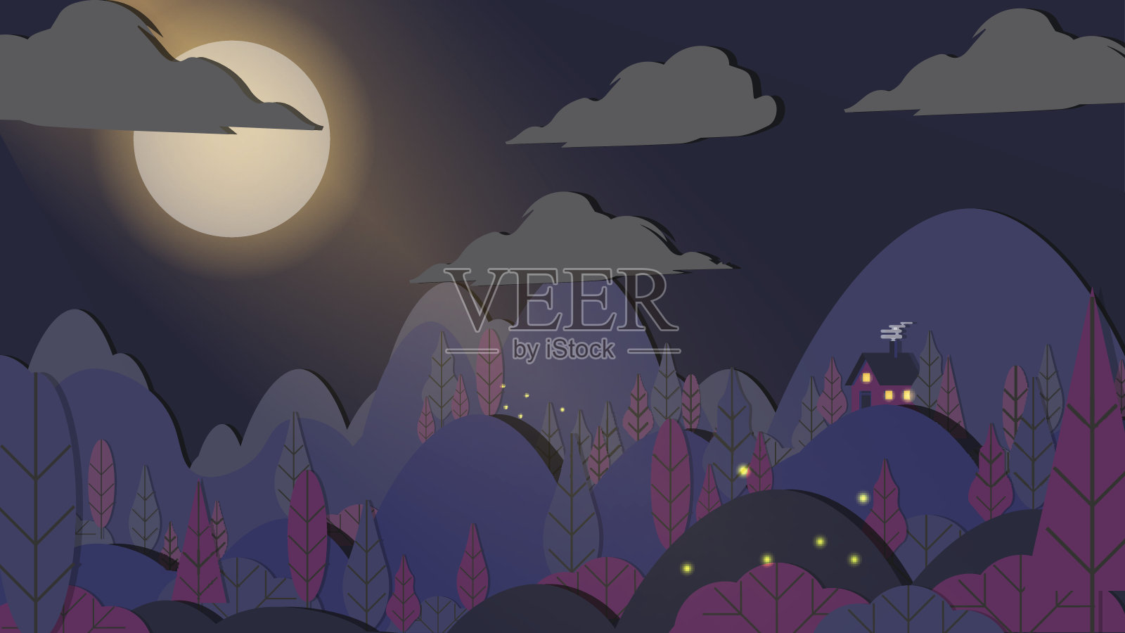 剪纸风格贴花森林与小房子夜景观-矢量插图插画图片素材