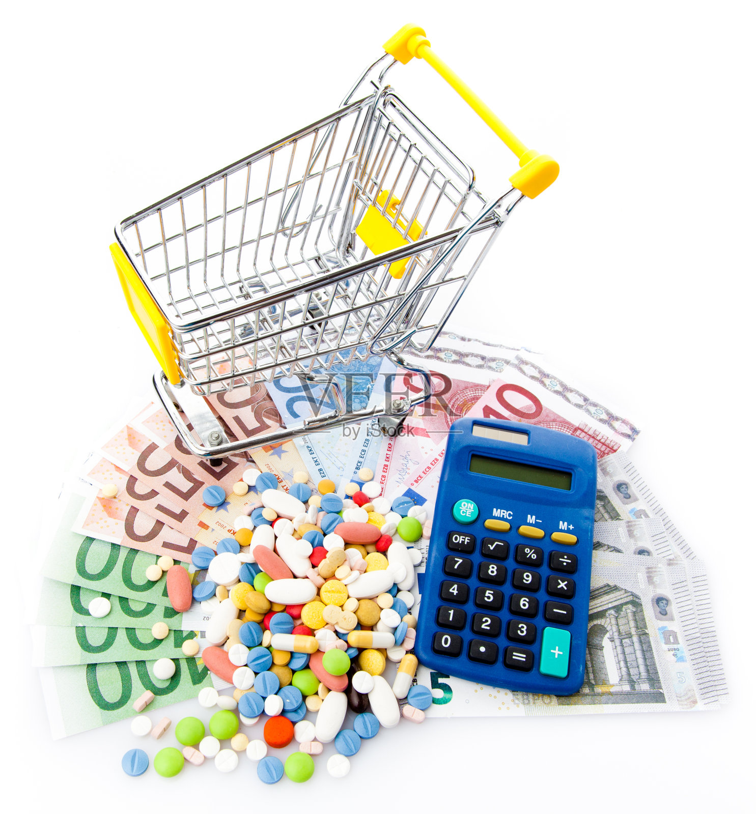 钱和药。钞票上有不同颜色的药丸。照片摄影图片