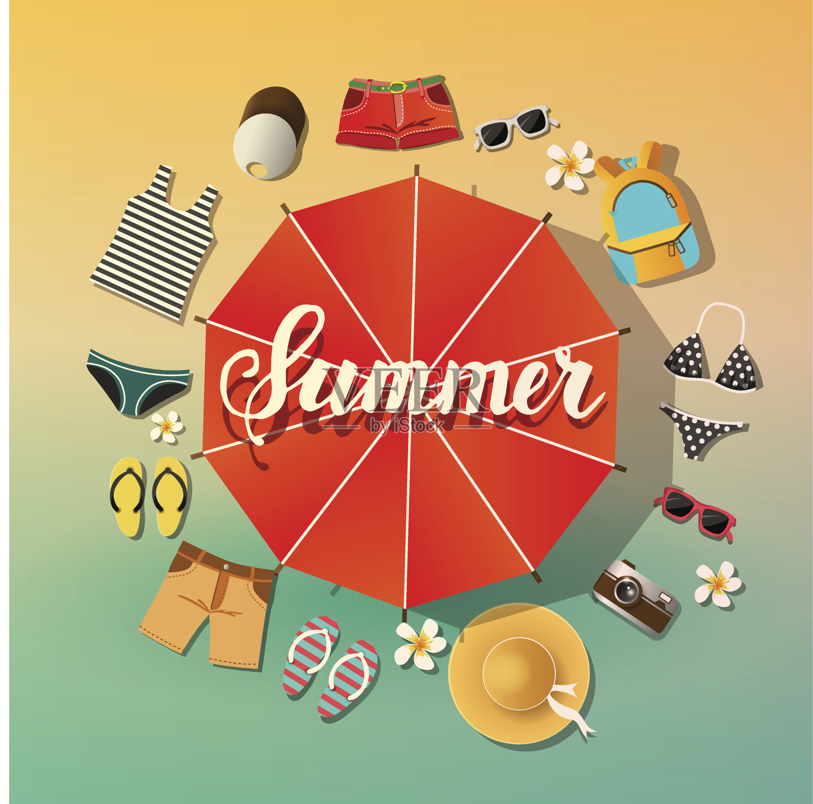 夏天的背景。夏季矢量符号位于伞的周围，从阳光海滩和大海。刻字插画图片素材