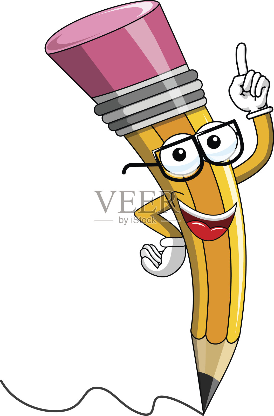 铅笔吉祥物卡通戴老花镜手指向上孤立