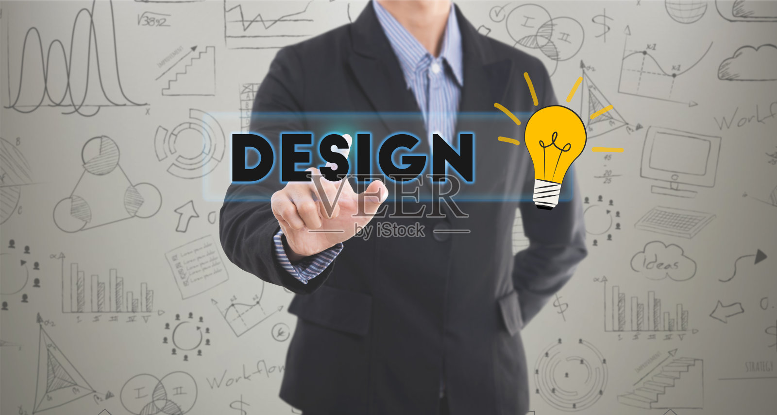 商家手按文字键进行设计。登录虚拟屏幕。可以用于封面页展示和网络横幅。企业创新的概念。照片摄影图片