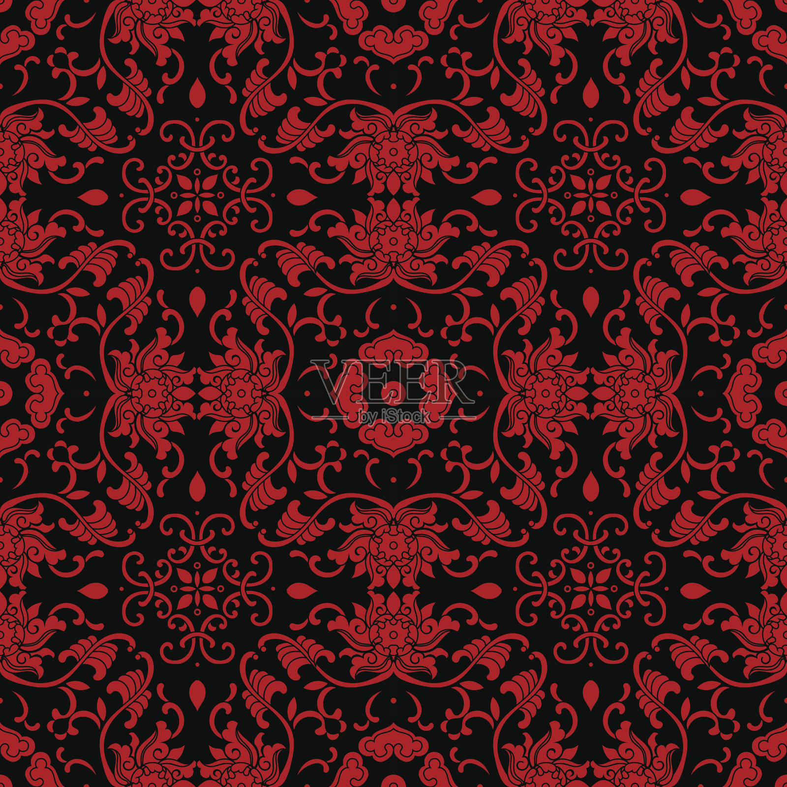 无缝中国背景亚洲植物园螺旋藤叶花印花布插画图片素材