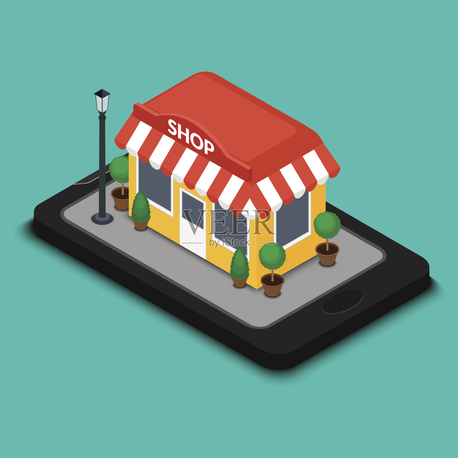 在移动屏幕上建立一个花盆的商店插画图片素材