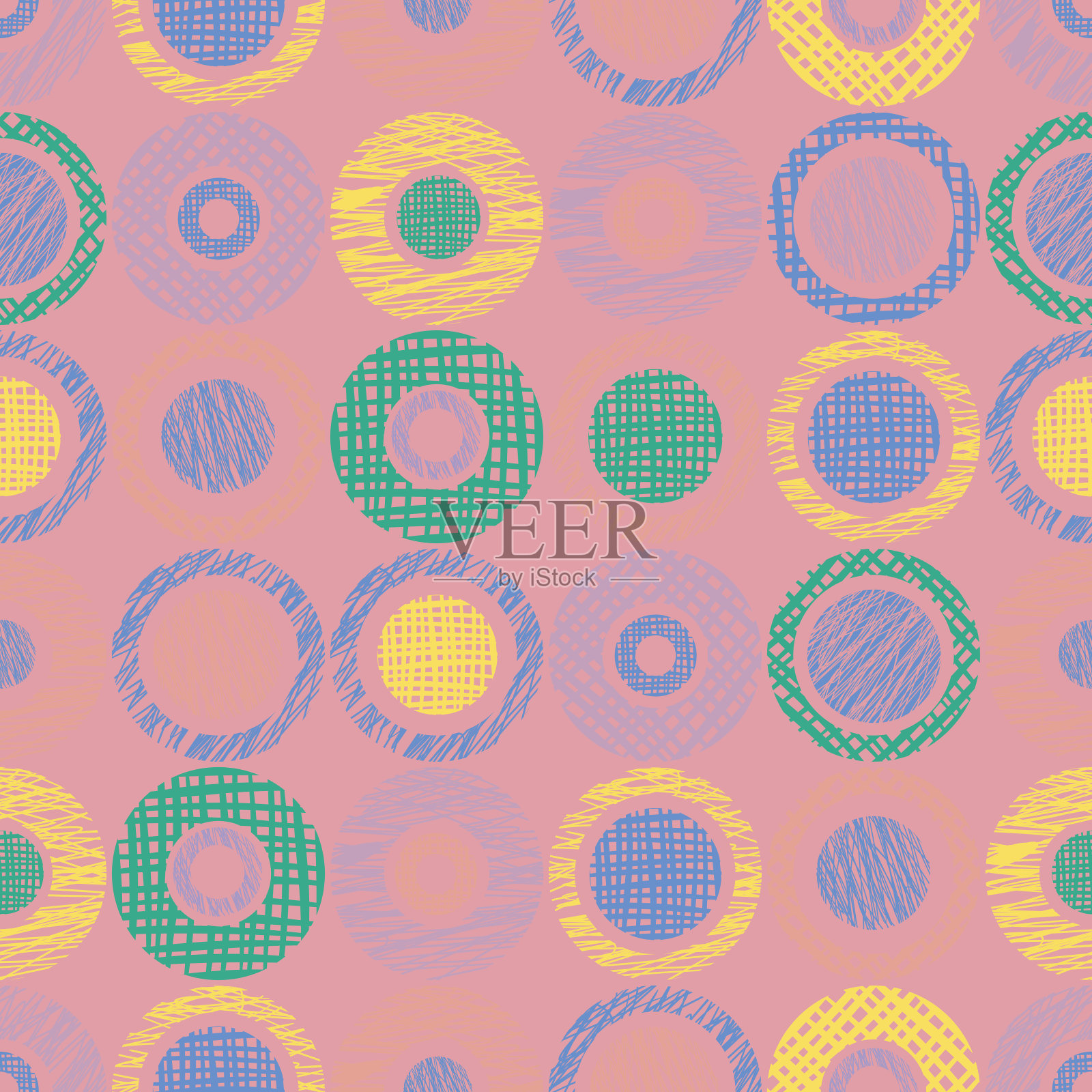 无缝矢量几何图案与圆，无尽的背景与手绘纹理几何图形。彩色图形插图模板包装，web背景插画图片素材