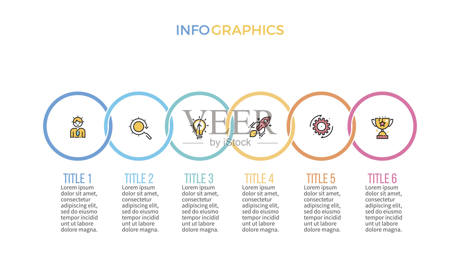 业务信息图。演示幻灯片，图表，六步图，圆。插画图片素材