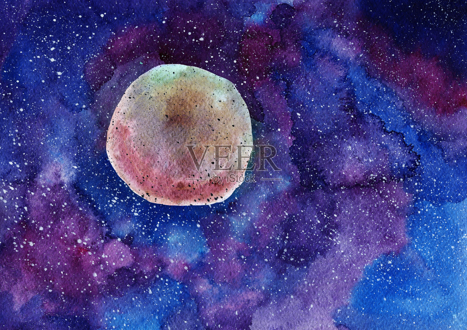 水彩背景星系。太空、月亮和星星插画图片素材