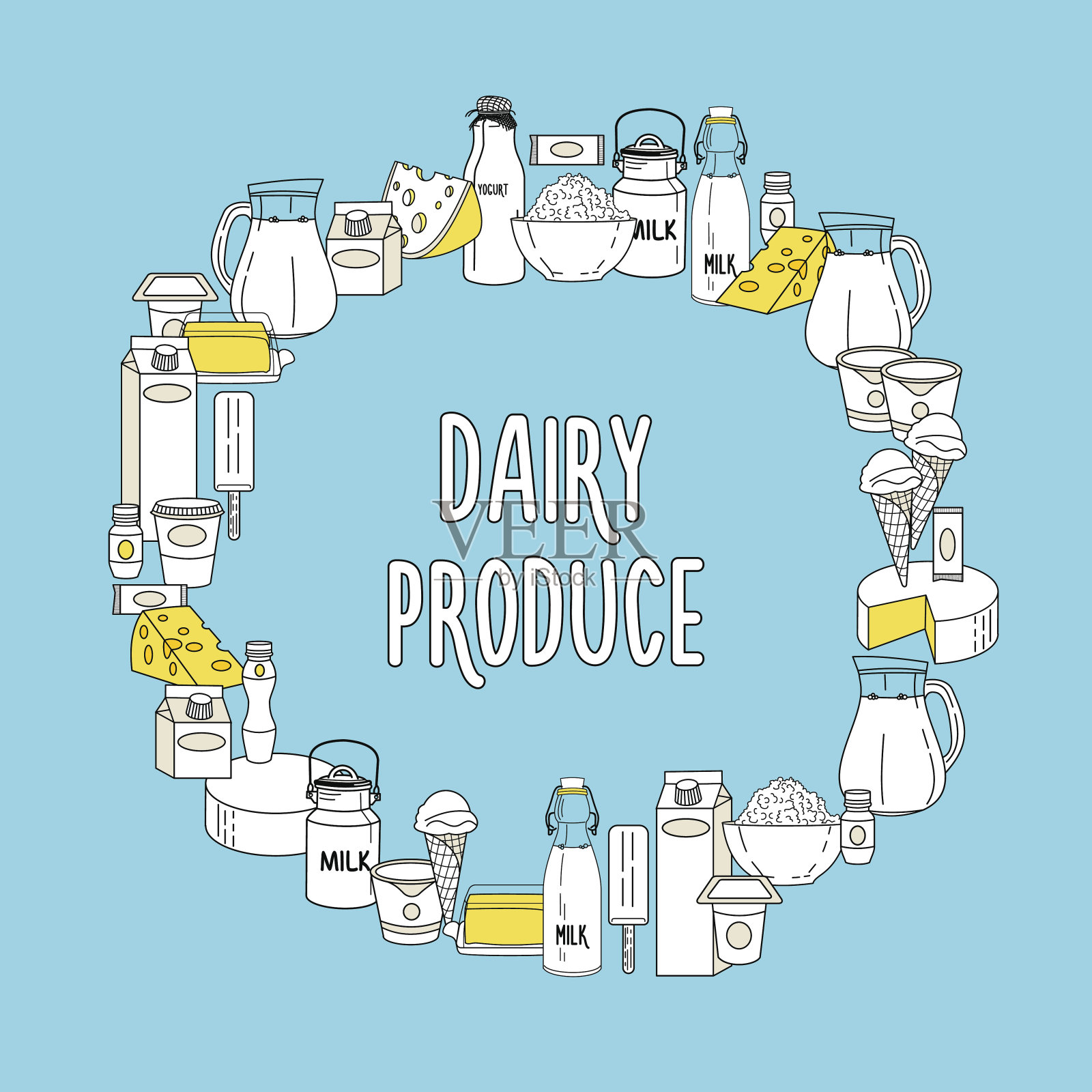 一套大的乳制品，面向一个圆圈。矢量插图。设计元素图片