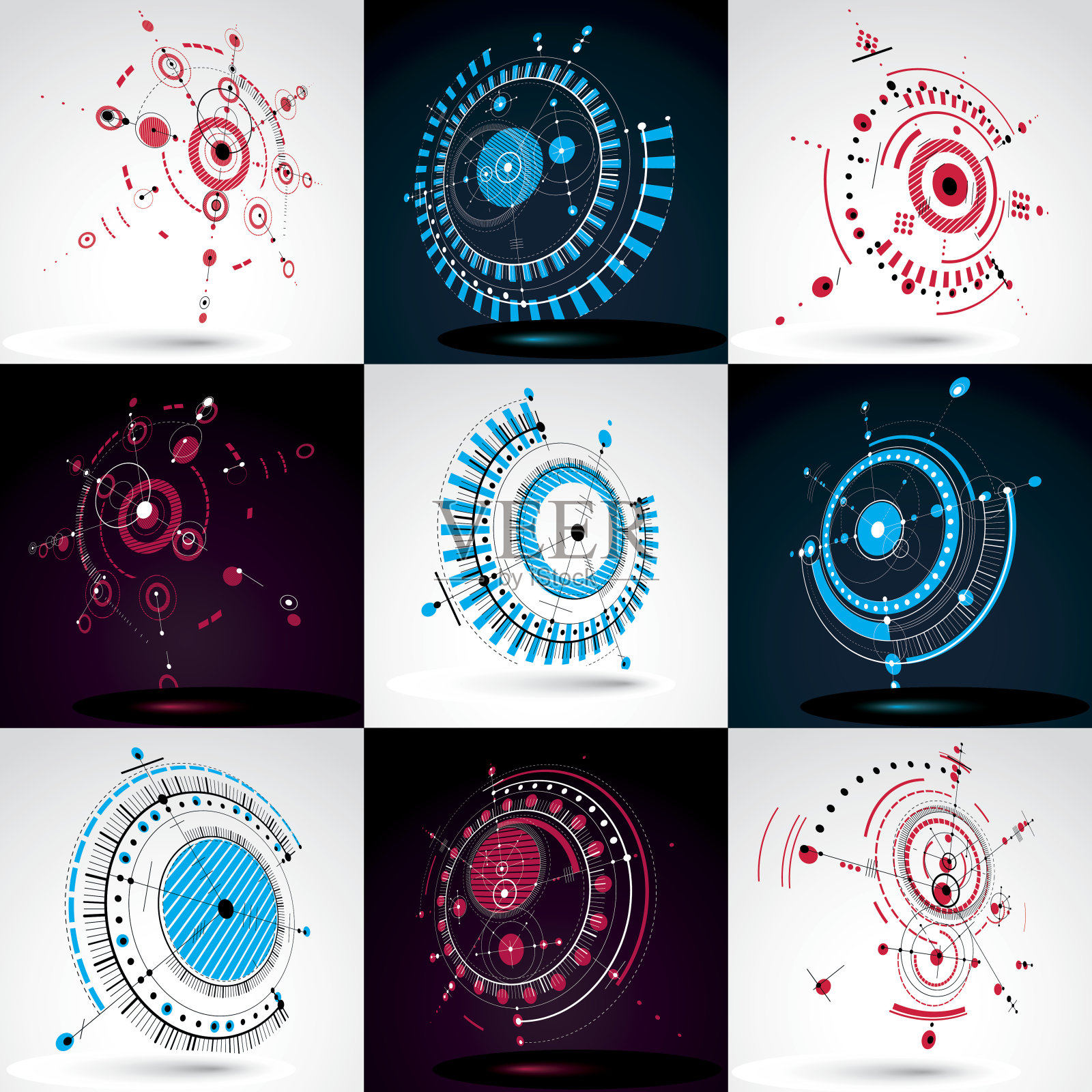 包豪斯复古风格的3d矢量抽象背景。几何构图可以用作模板和布局。工程技术墙纸与圆圈。插画图片素材