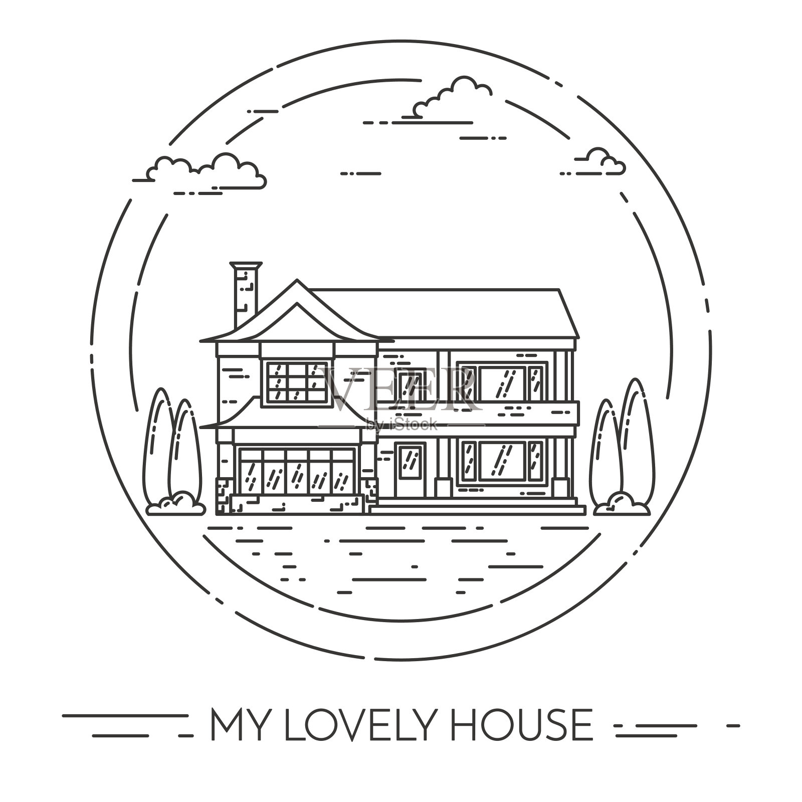 郊区景观与私人独立的房子，庭院在白色背景插画图片素材