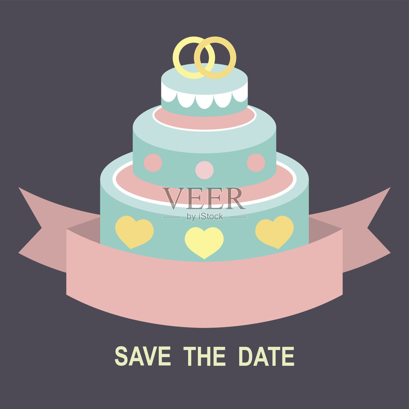 带丝带的婚礼浪漫请柬，扁平风格的戒指蛋糕。在矢量中保存日期邀请。设计模板素材