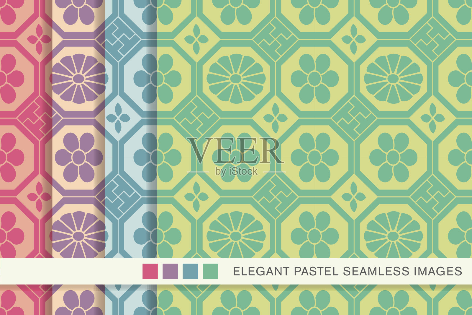 无缝彩色背景设置复古八角检查十字框花插画图片素材