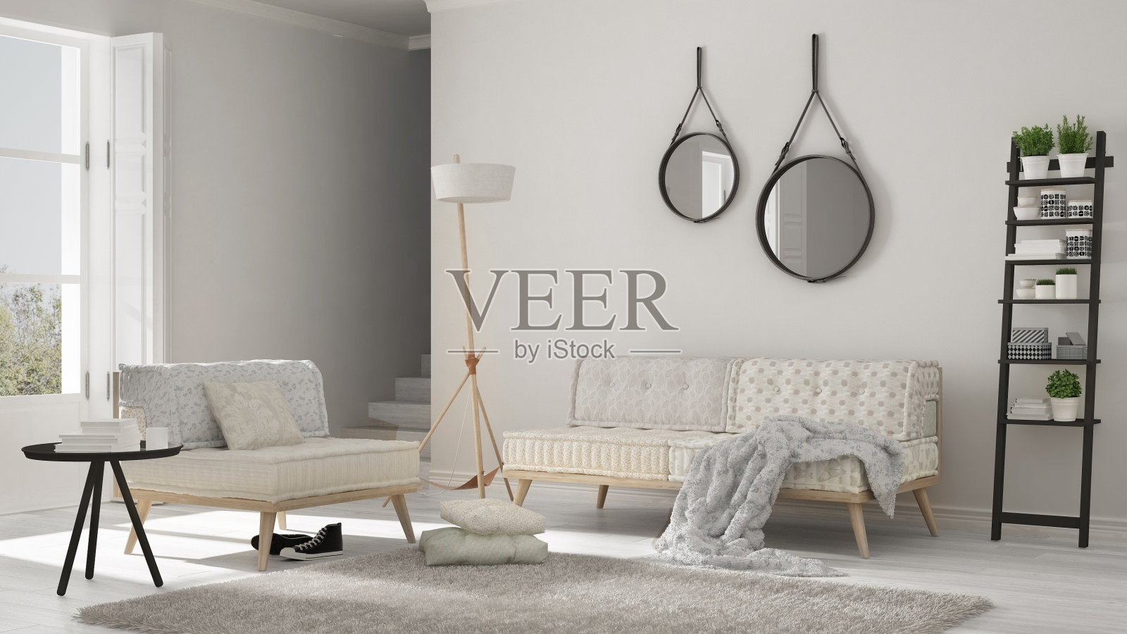 斯堪的纳维亚客厅，沙发，扶手椅和柔软的毛皮地毯，简约的白色室内设计照片摄影图片