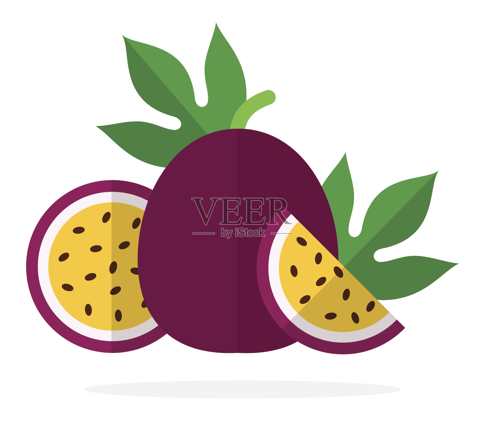 一个完整的百香果，一半的百香果和一片百香果分开设计元素图片