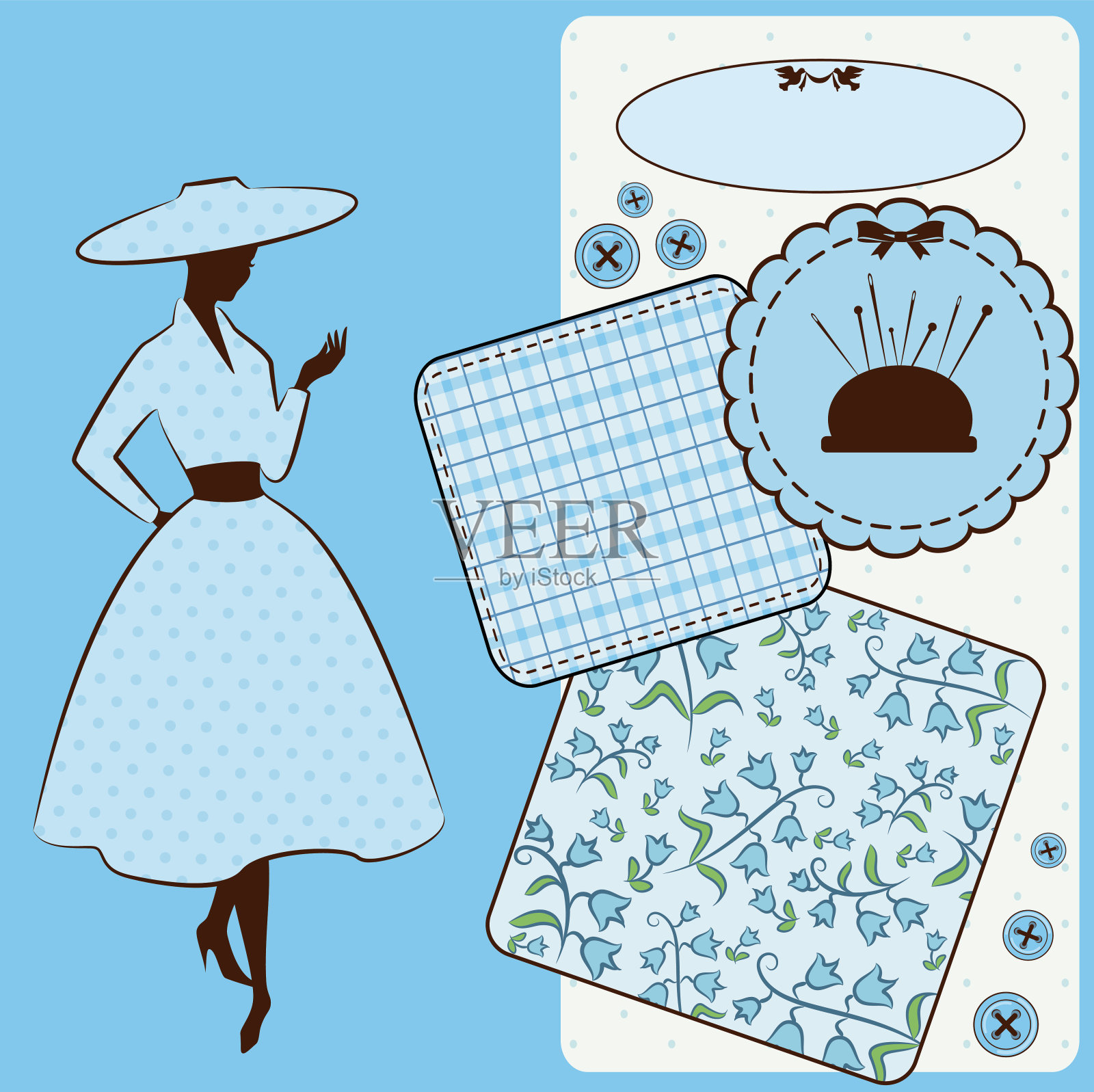 复古缝纫元素与女人的轮廓插画图片素材