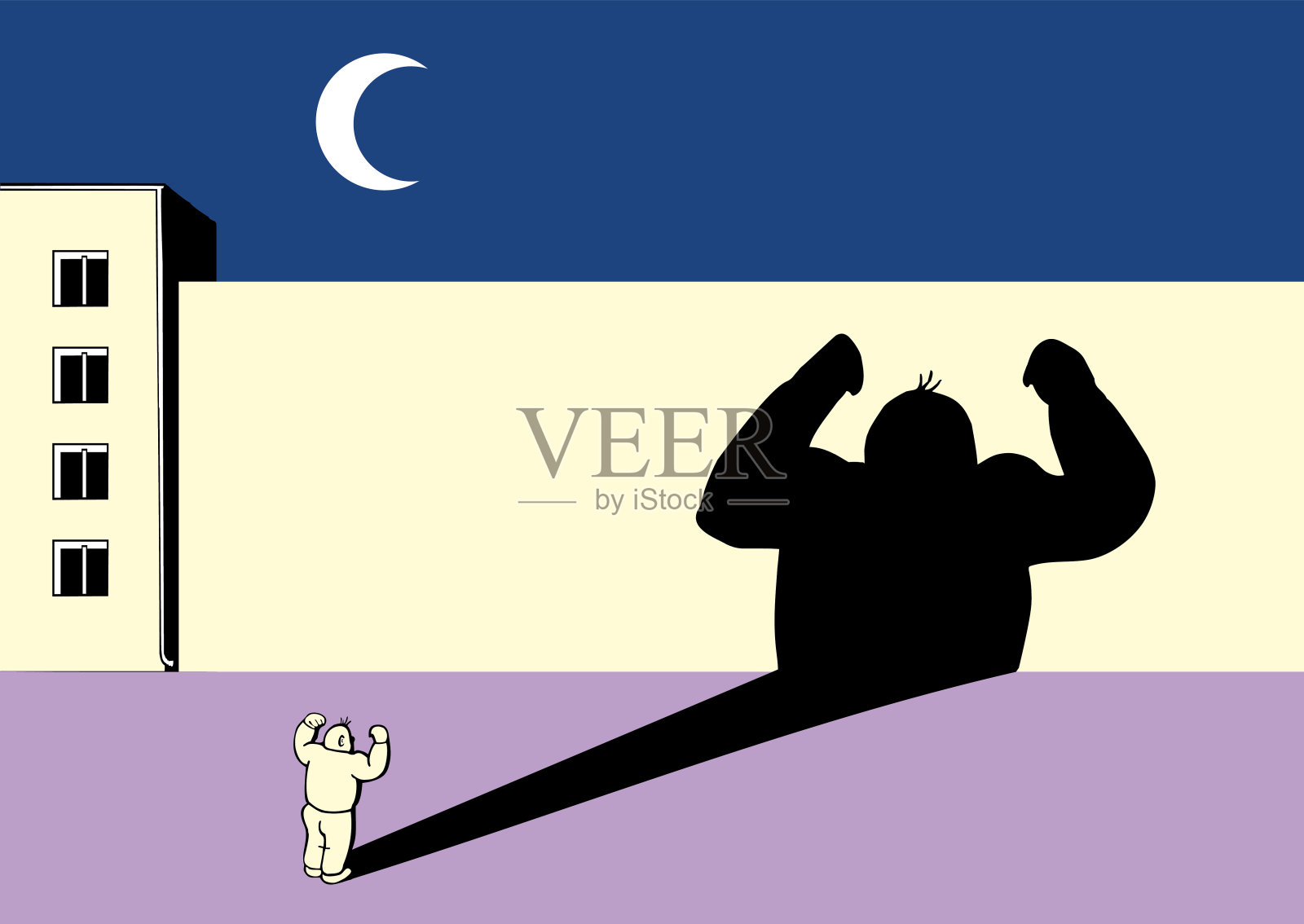 这是一幅漫画，画的是一个家伙让自己的影子看起来很强壮插画图片素材