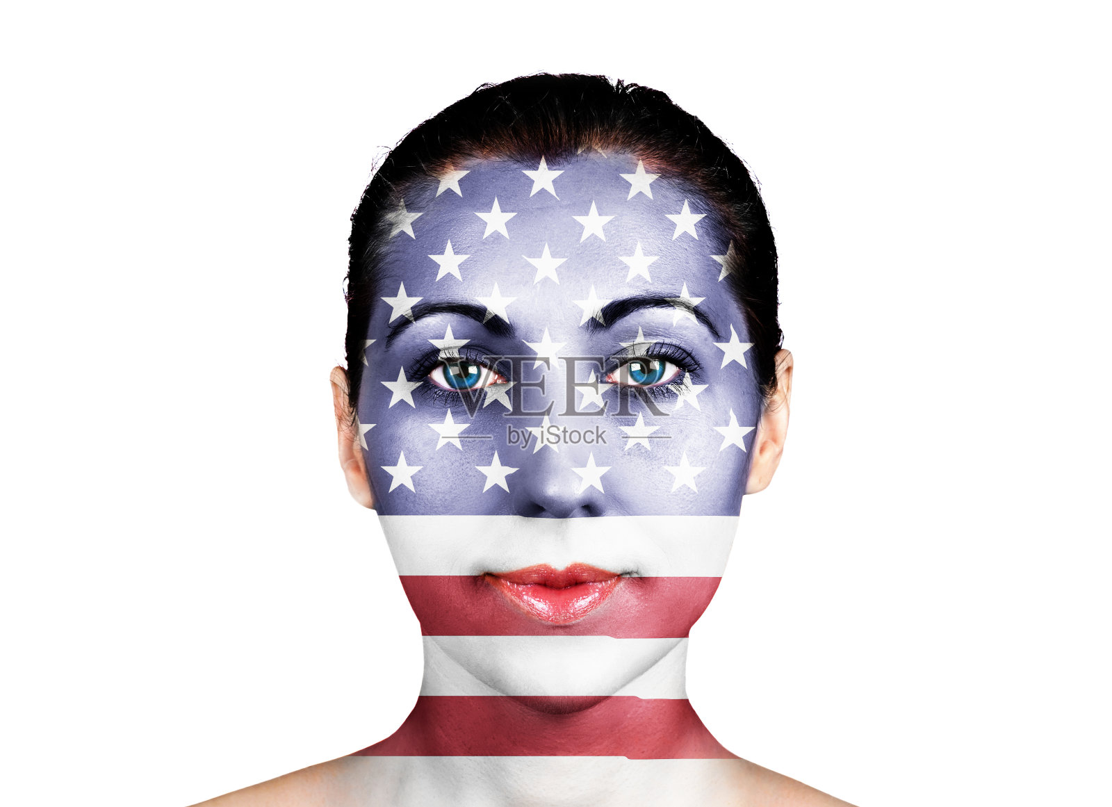 美国国旗上的一张脸照片摄影图片