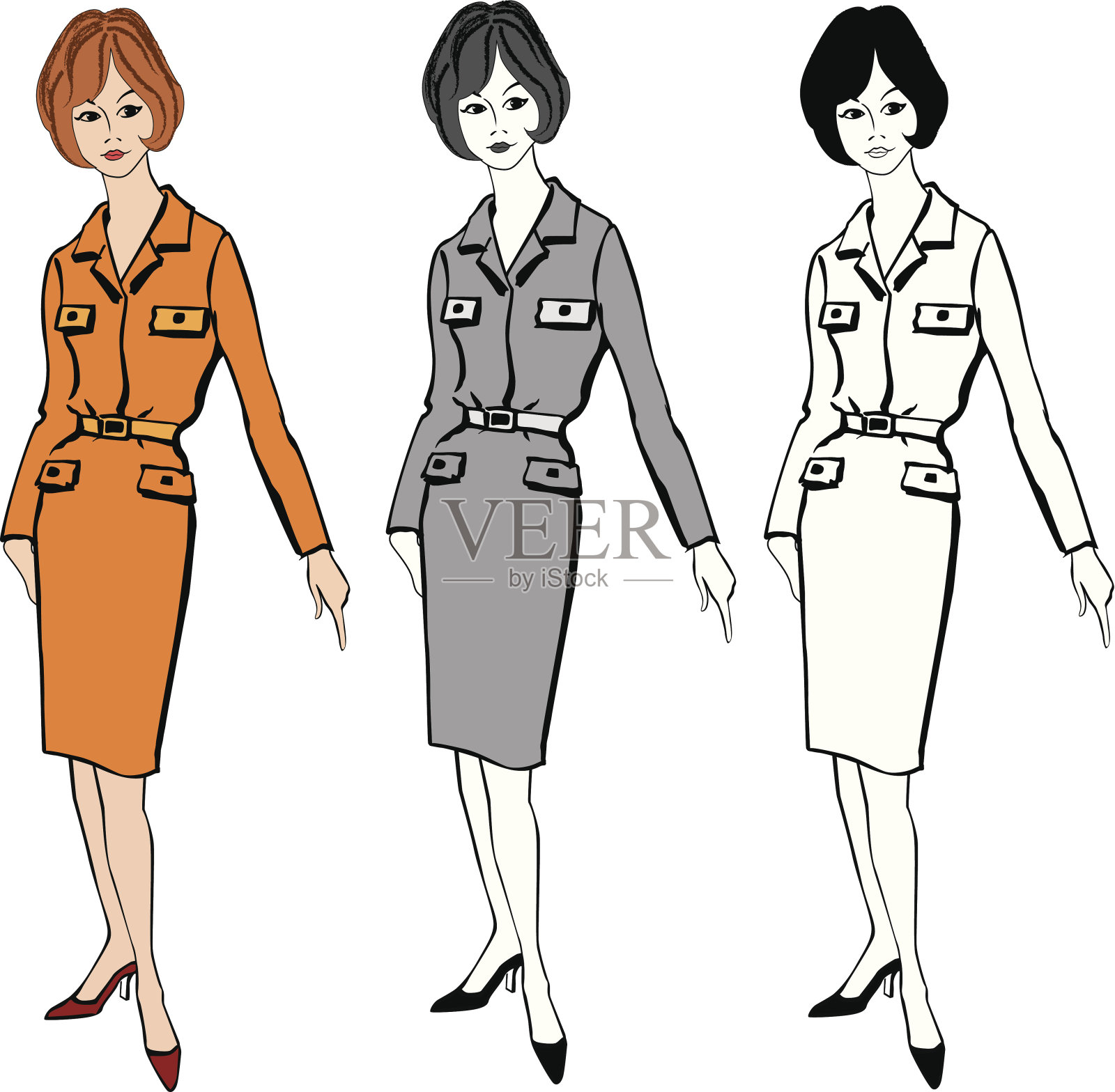 复古时尚着装的商业女性。向量组插画图片素材