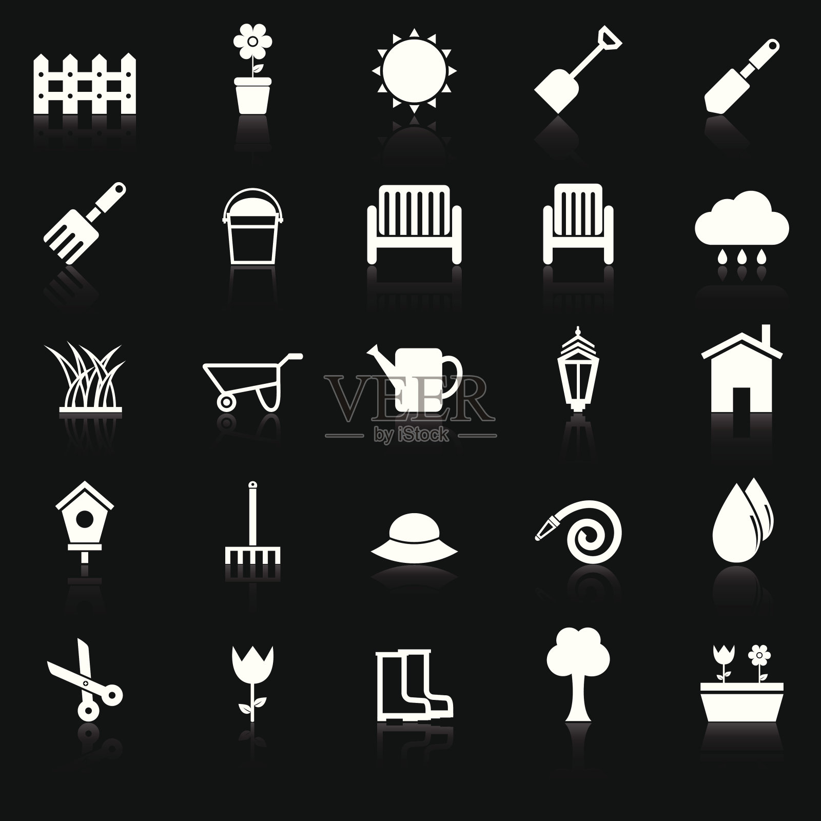 园艺图标与反映在黑色的背景图标素材