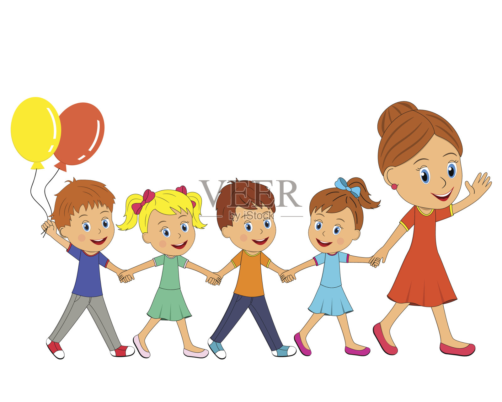 女人和小男孩女孩们手牵着手走着插画图片素材