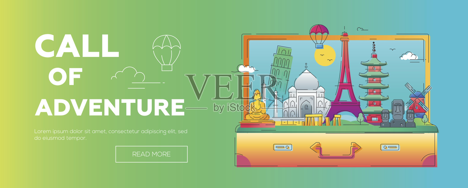 召唤冒险-向量线旅游网站横幅插画图片素材