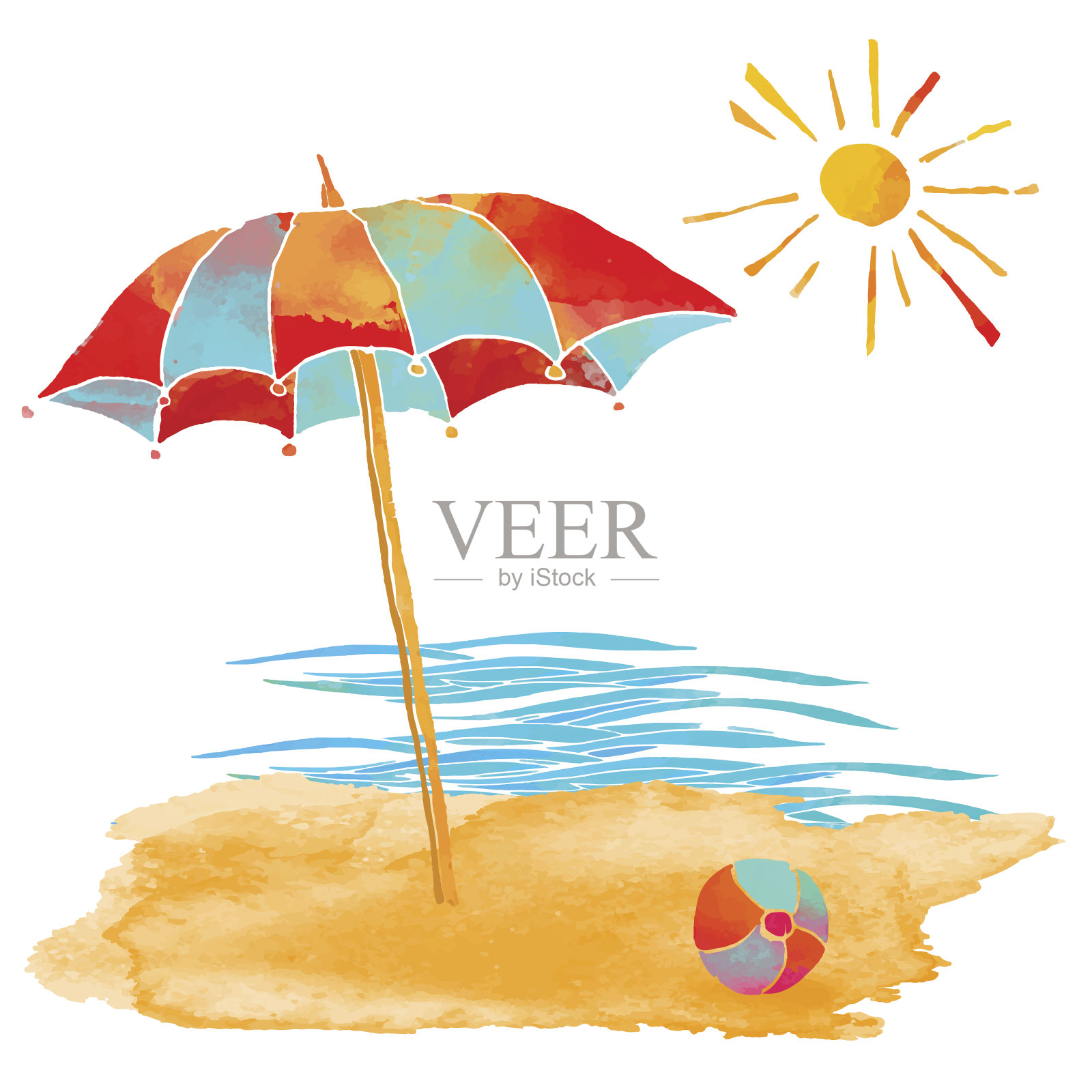 水彩画夏季海滩设置插画图片素材