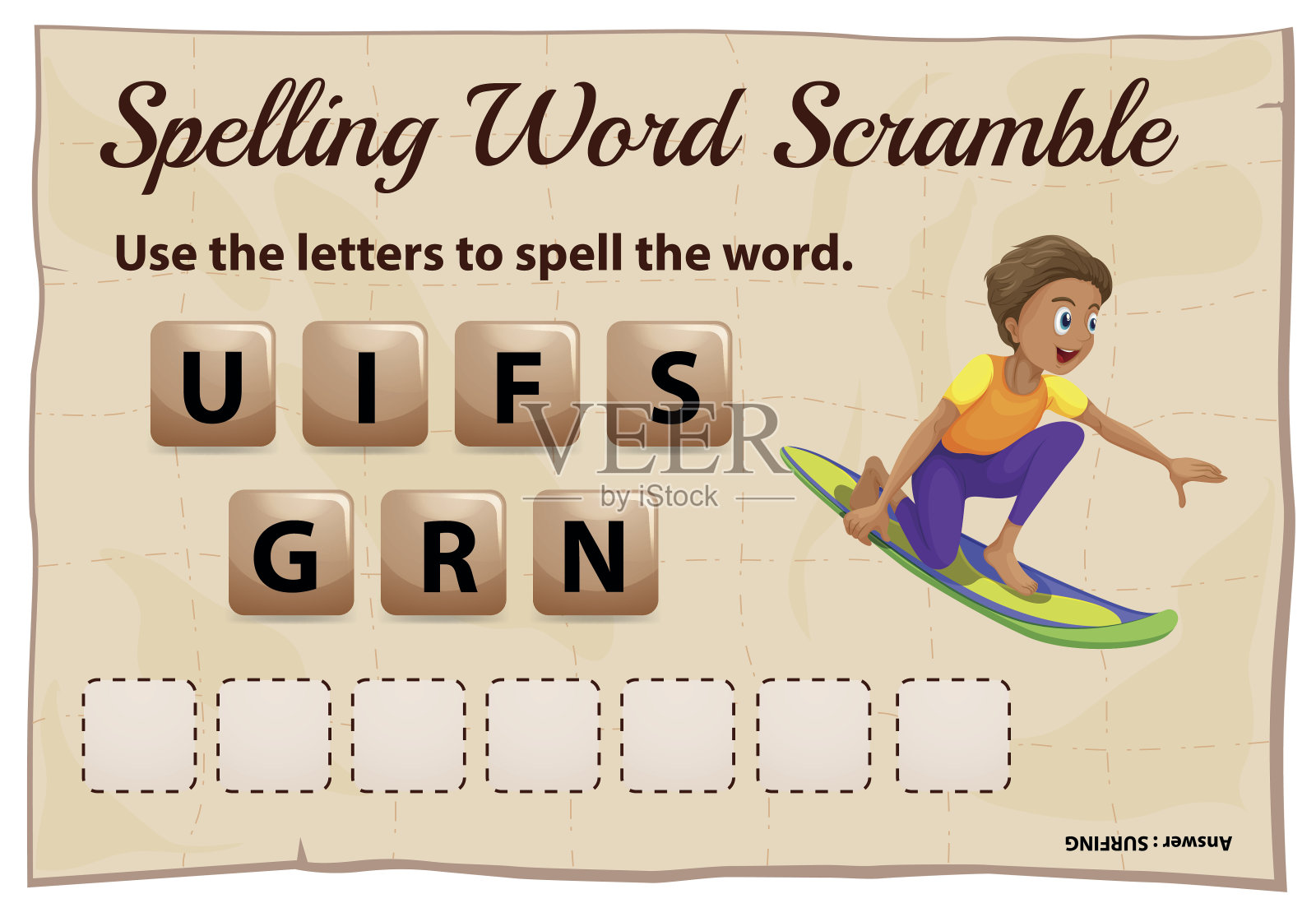 拼写单词混乱模板与单词冲浪插画图片素材