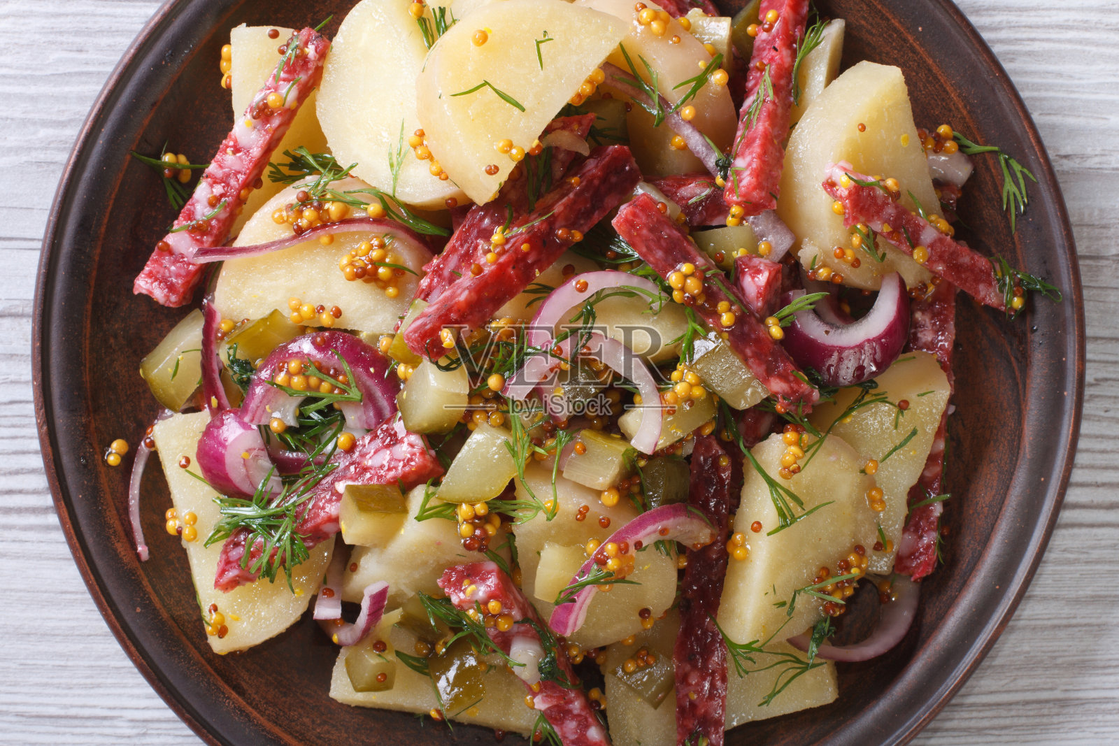 美味的德国土豆沙拉特写俯视图水平照片摄影图片