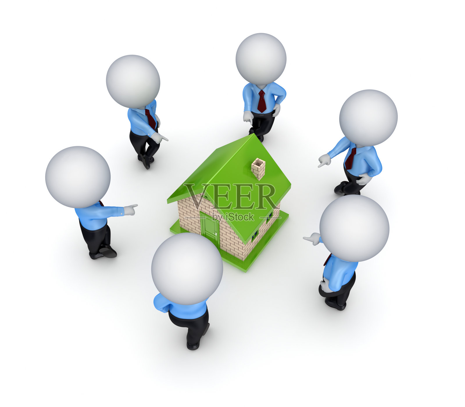 3d人指向一个小房子。照片摄影图片