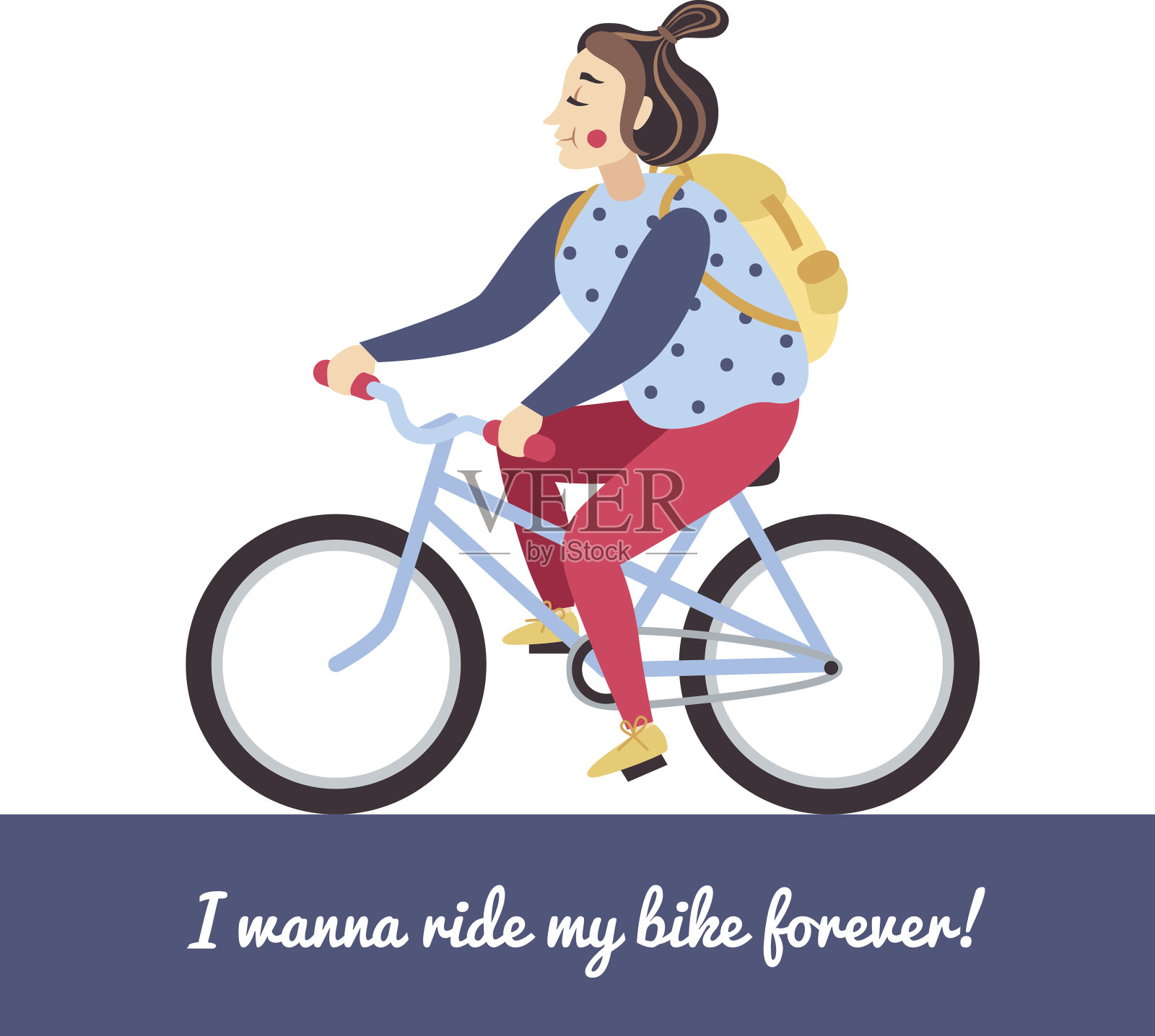 骑着蓝色自行车的黑发女孩。矢量插图和背景。插画图片素材