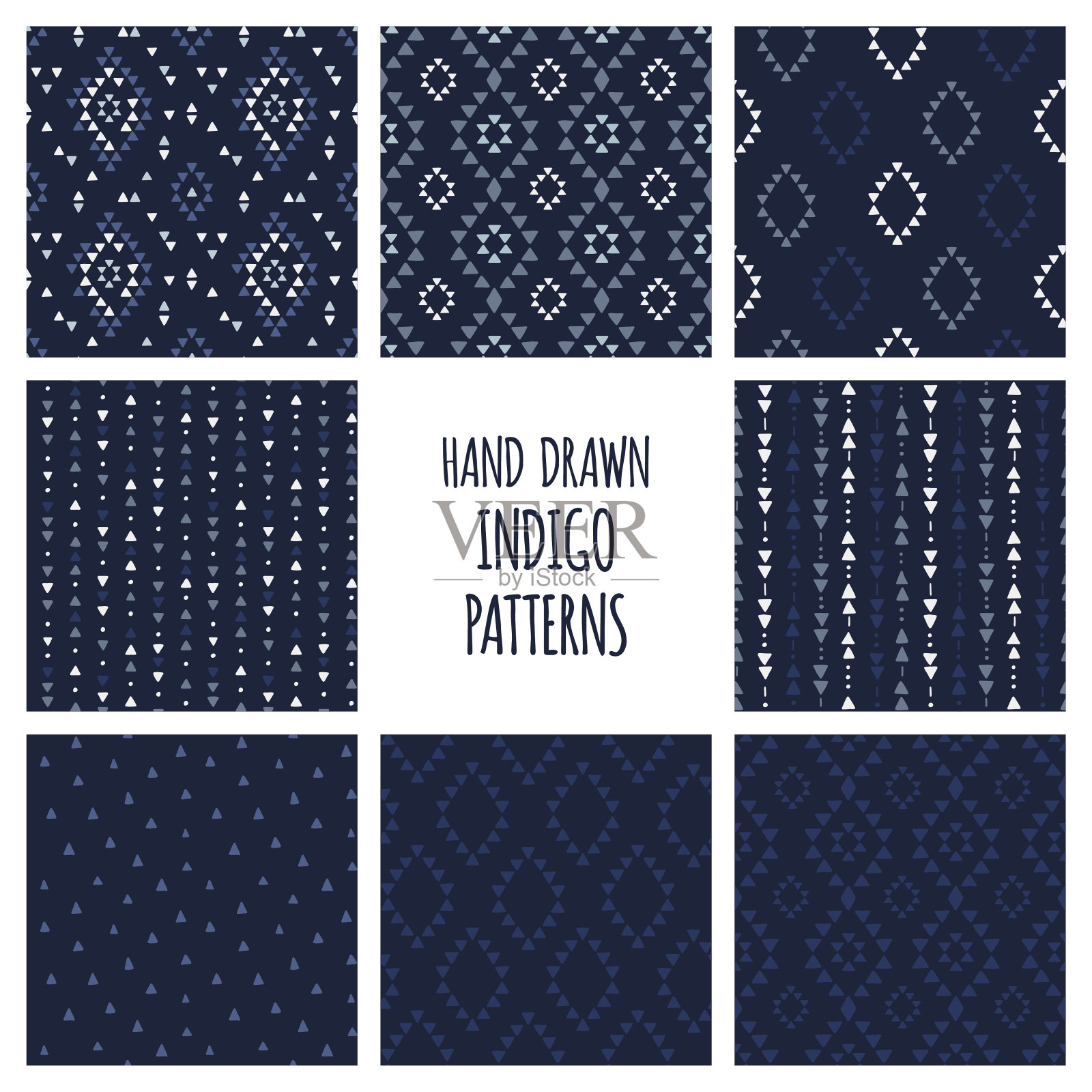 一套手绘靛蓝图案。无缝矢量纳瓦霍背景三角形，箭头，菱形和钻石插画图片素材