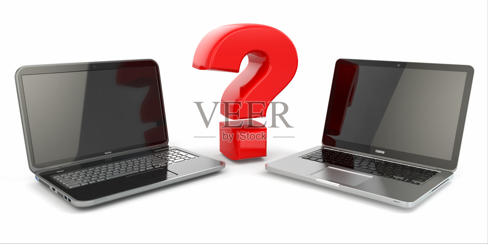 选择一台笔记本电脑。提问符号和笔记本电脑。照片摄影图片