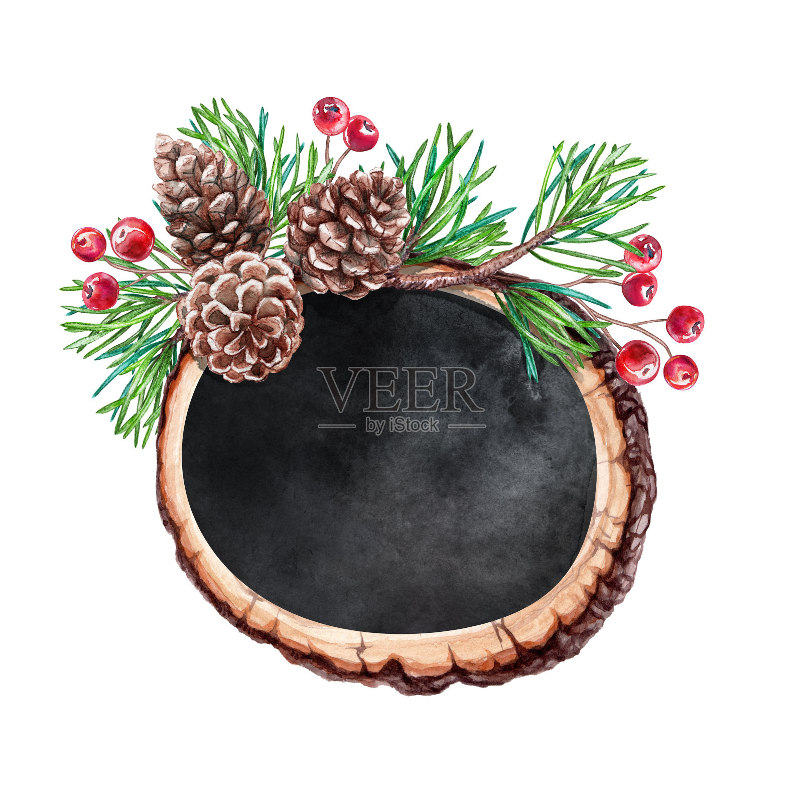 水彩插图，装饰木片，圣诞乡村背景，圆形空白横幅，黑色黑板，花卉装饰，孤立在白色背景插画图片素材